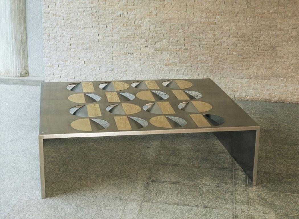 Moderne Table basse géométrique Métal Acier inoxydable Laiton Verre sur le dessus Moon en vente