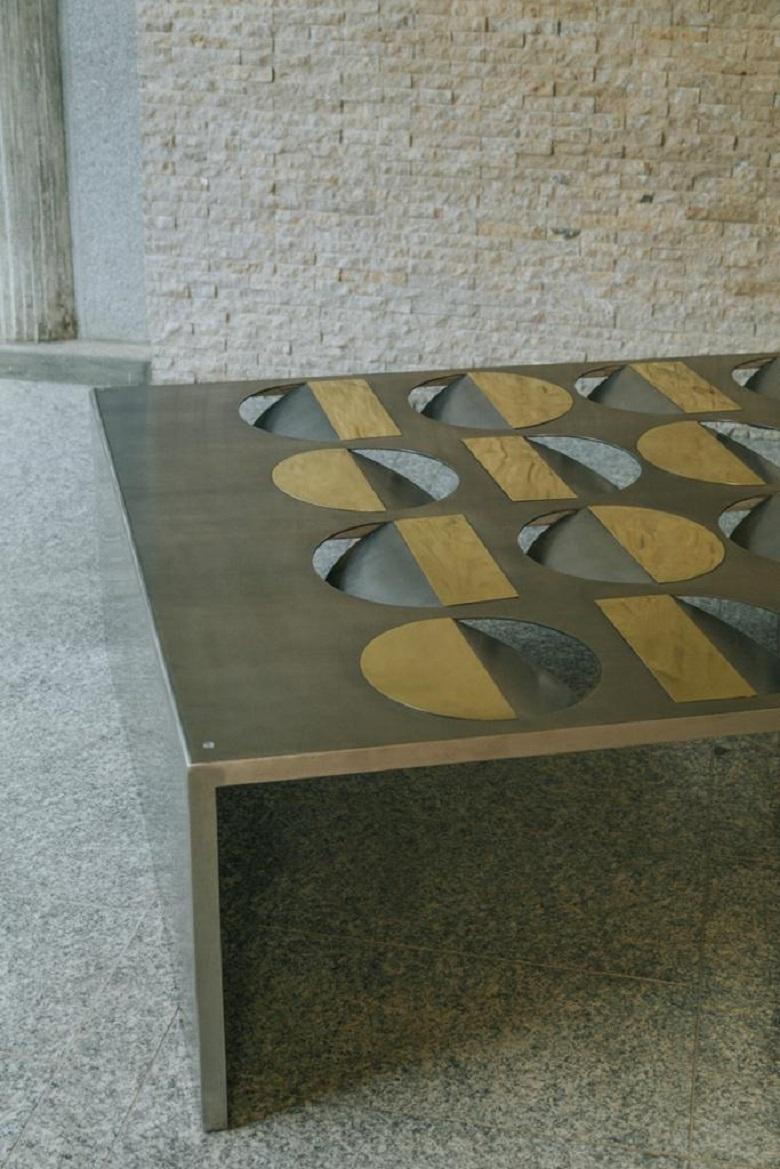 Brushed Geometric Coffee Table Metal Stainless Steel Brass glass on top Moon For Sale