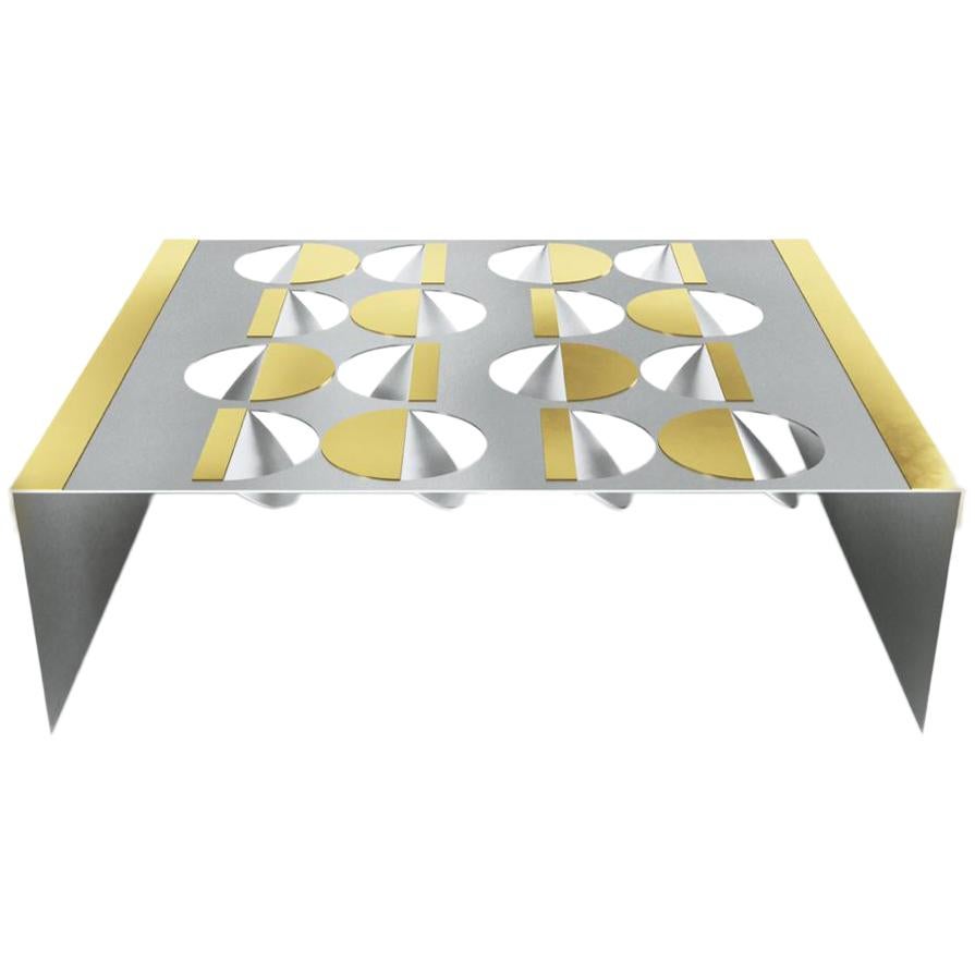 Geometric Coffee Table Metal Stainless Steel Brass glass on top Moon For Sale