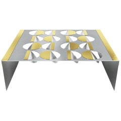 Geometrischer Couchtisch Metall Edelstahl Messing Glas auf der Oberseite Mond