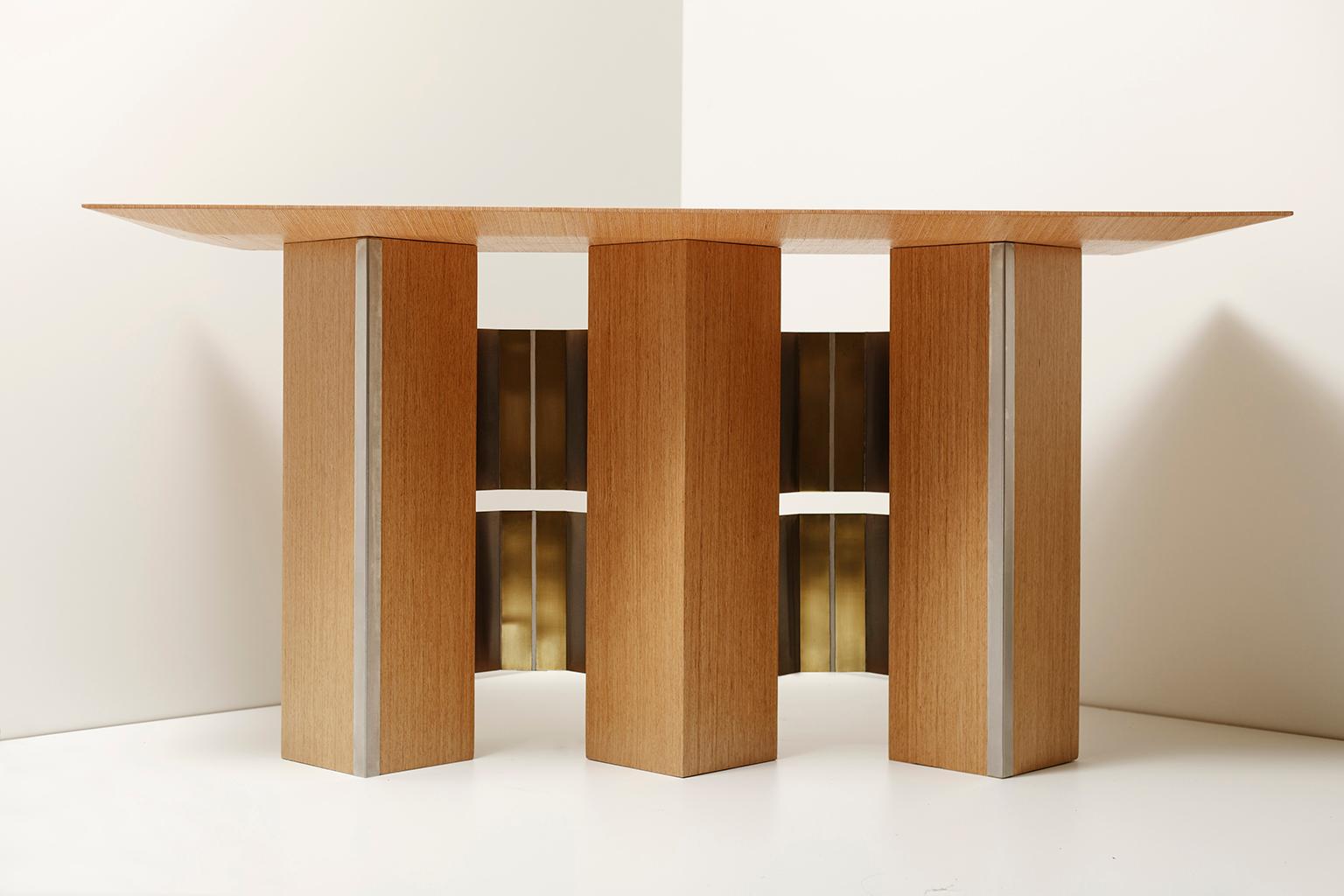 Geometric Console Table White Oak Wood Metal brass StainlessSteel by Ana Volante In New Condition For Sale In Miami, FL