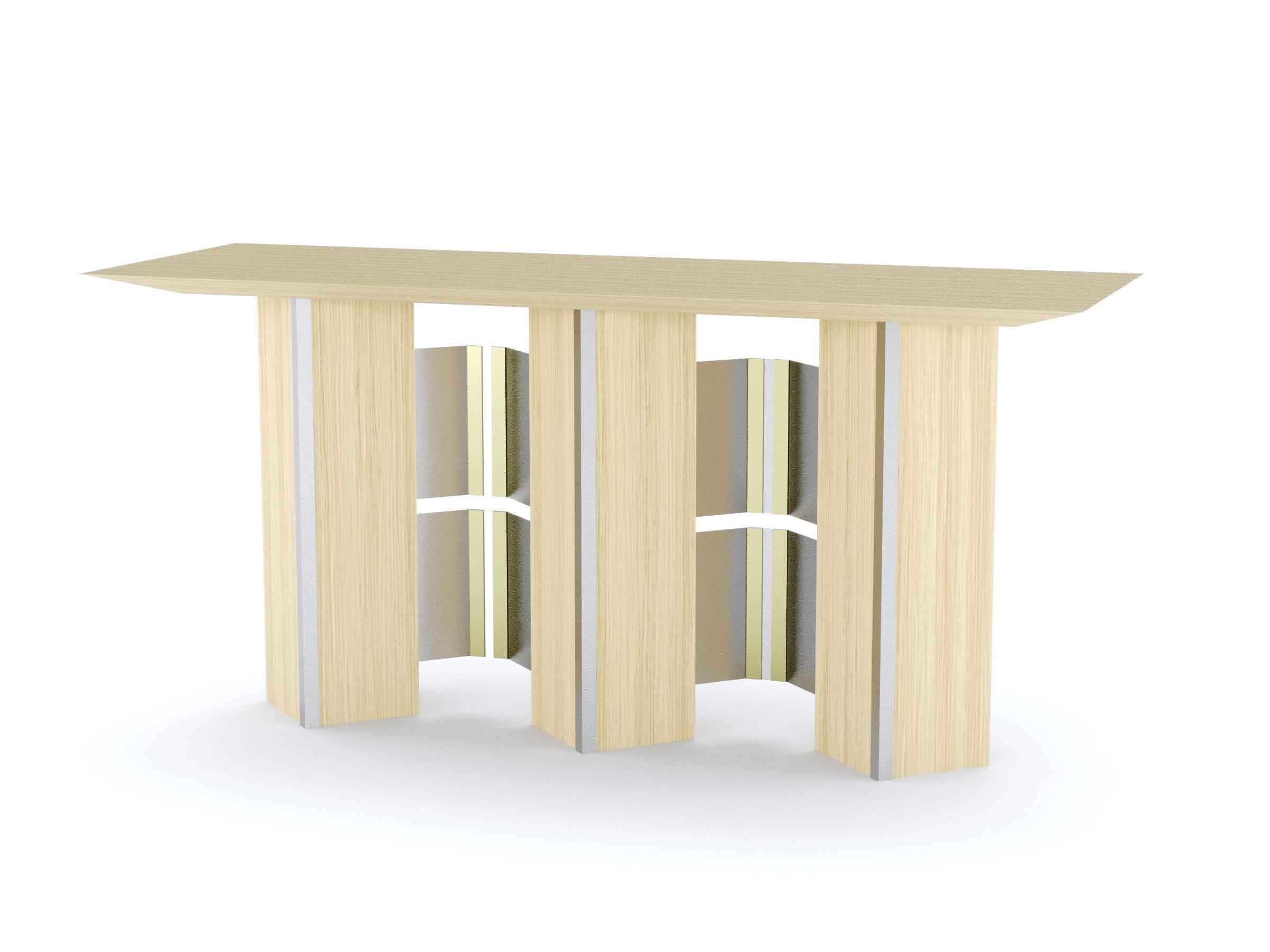 Totem console
Baltic birch plywood with quarter cut white oak veneer, in stock
(Brass and stainless steel
Inlays upon request)
Designed by Ana Volante
Dimensions
82cm (H) x 160cm (W) x 70cm (D)
32