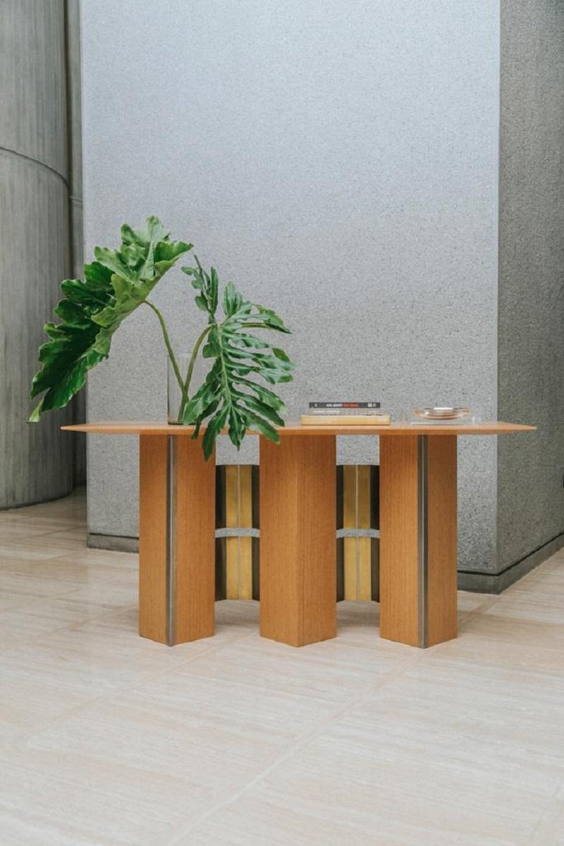 Modern Geometric Console Table White Oak Wood Metal brass StainlessSteel by Ana Volante For Sale