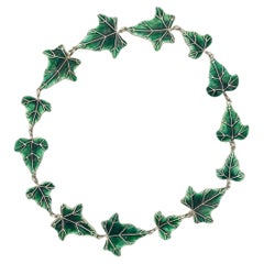 Retro Modern Handcrafted Ivy Leaves Necklace Sterling Silver  Green Enamel