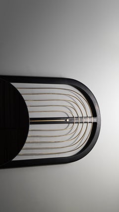 Midcentury modern Oak wood wall statement accent mirror with brass inlay