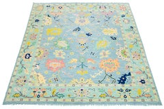 Modern HandCrafted Oushak Style Blue Wool Rug With floral Design