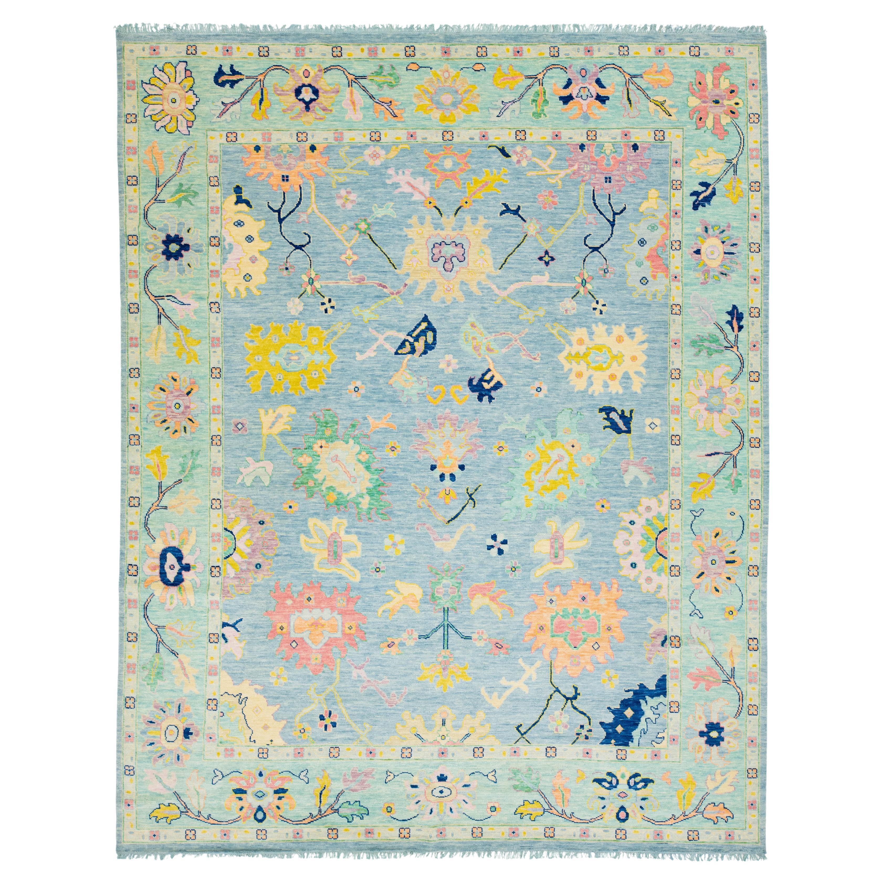 Modern HandCrafted Oushak Style Blue Wool Rug With floral Design