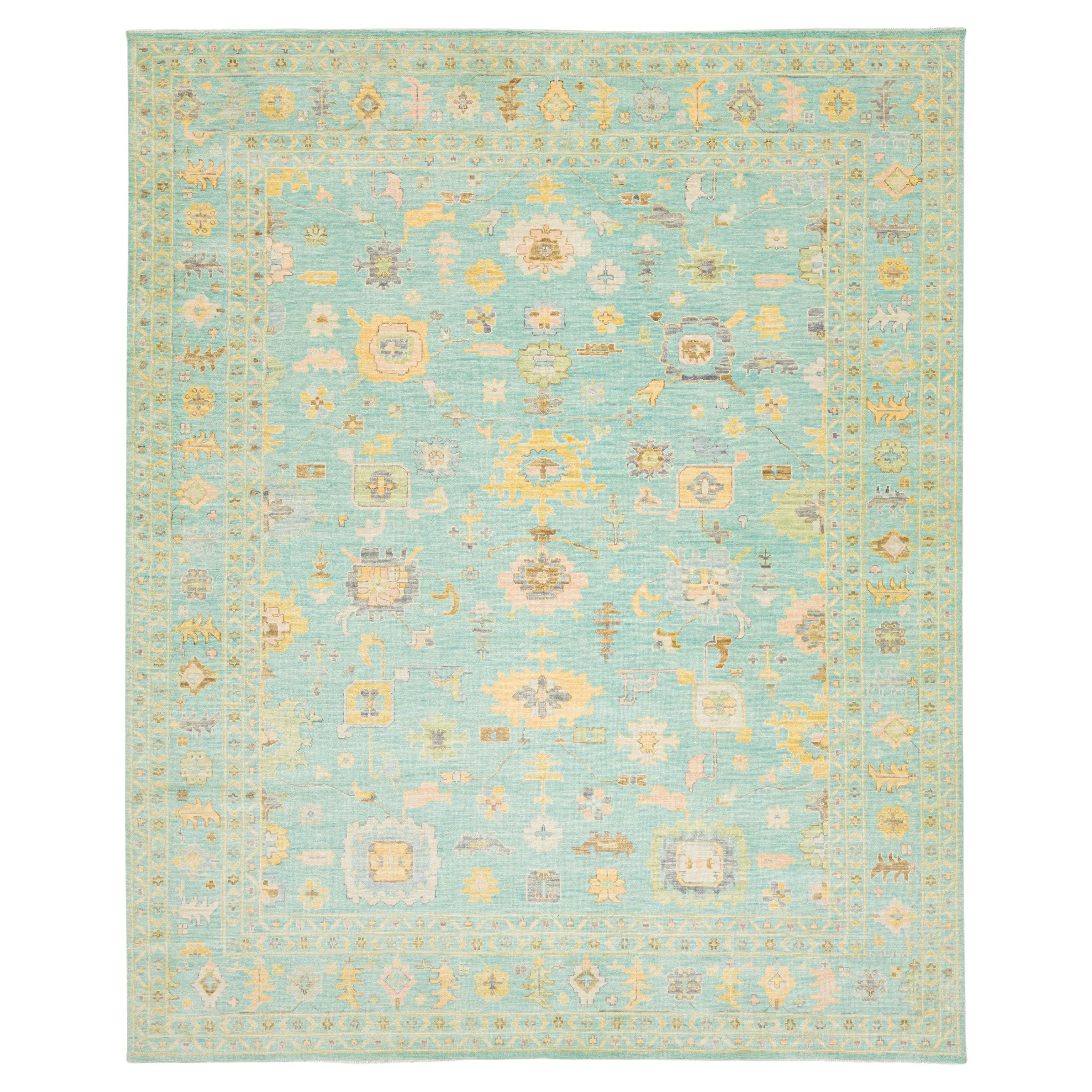 Modern HandCrafted Oushak Style light Green Wool Rug With Floral Design