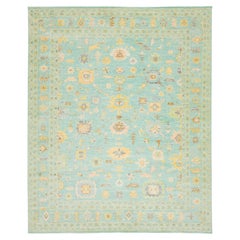 Modern HandCrafted Oushak Style light Green Wool Rug With Floral Design