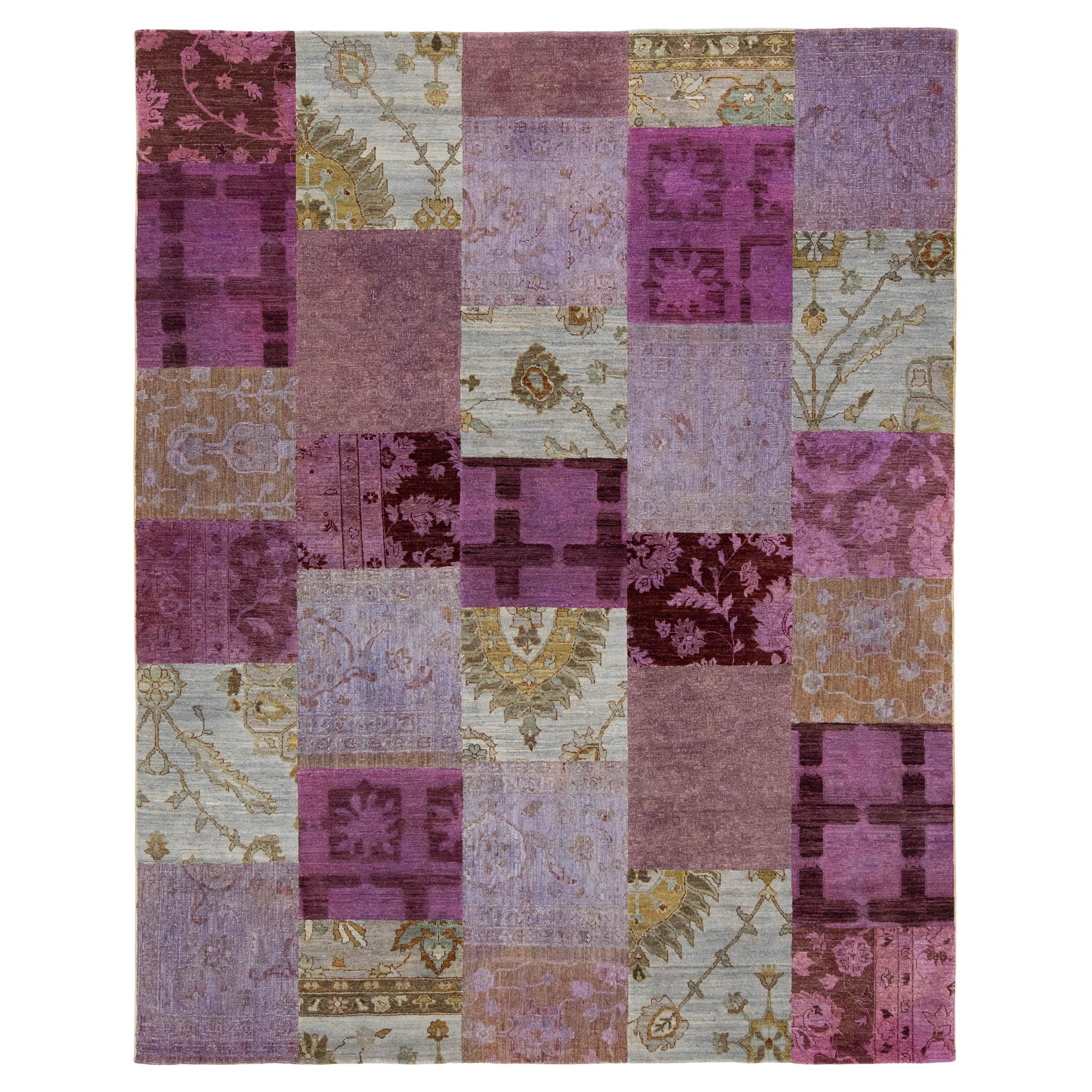 Modern Handcrafted Patchwork Designed Wool Rug In Pink