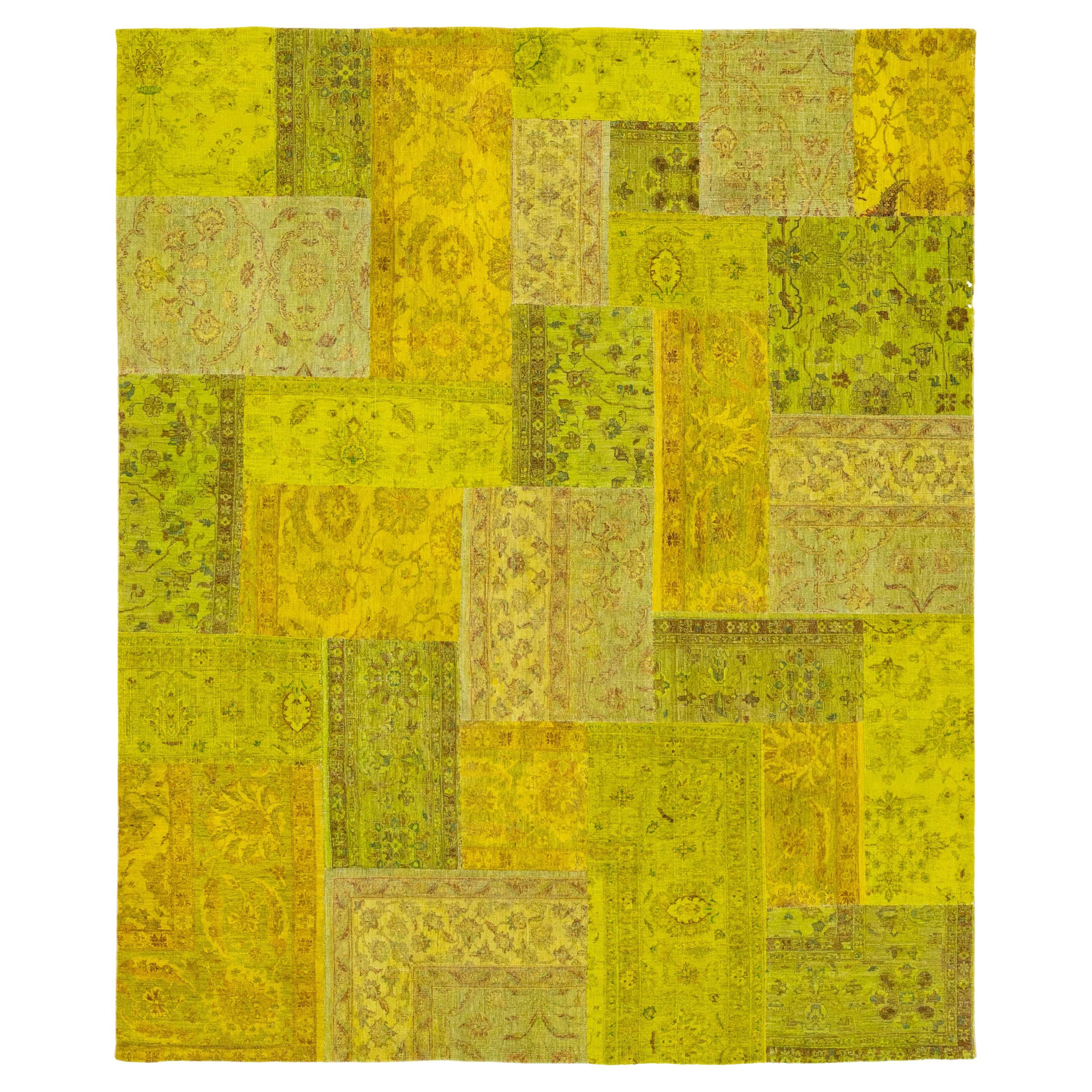 Modern Handcrafted Patchwork Wool Rug In Green With allover Design