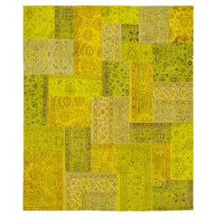 Modern Handcrafted Patchwork Wool Rug In Green With allover Design