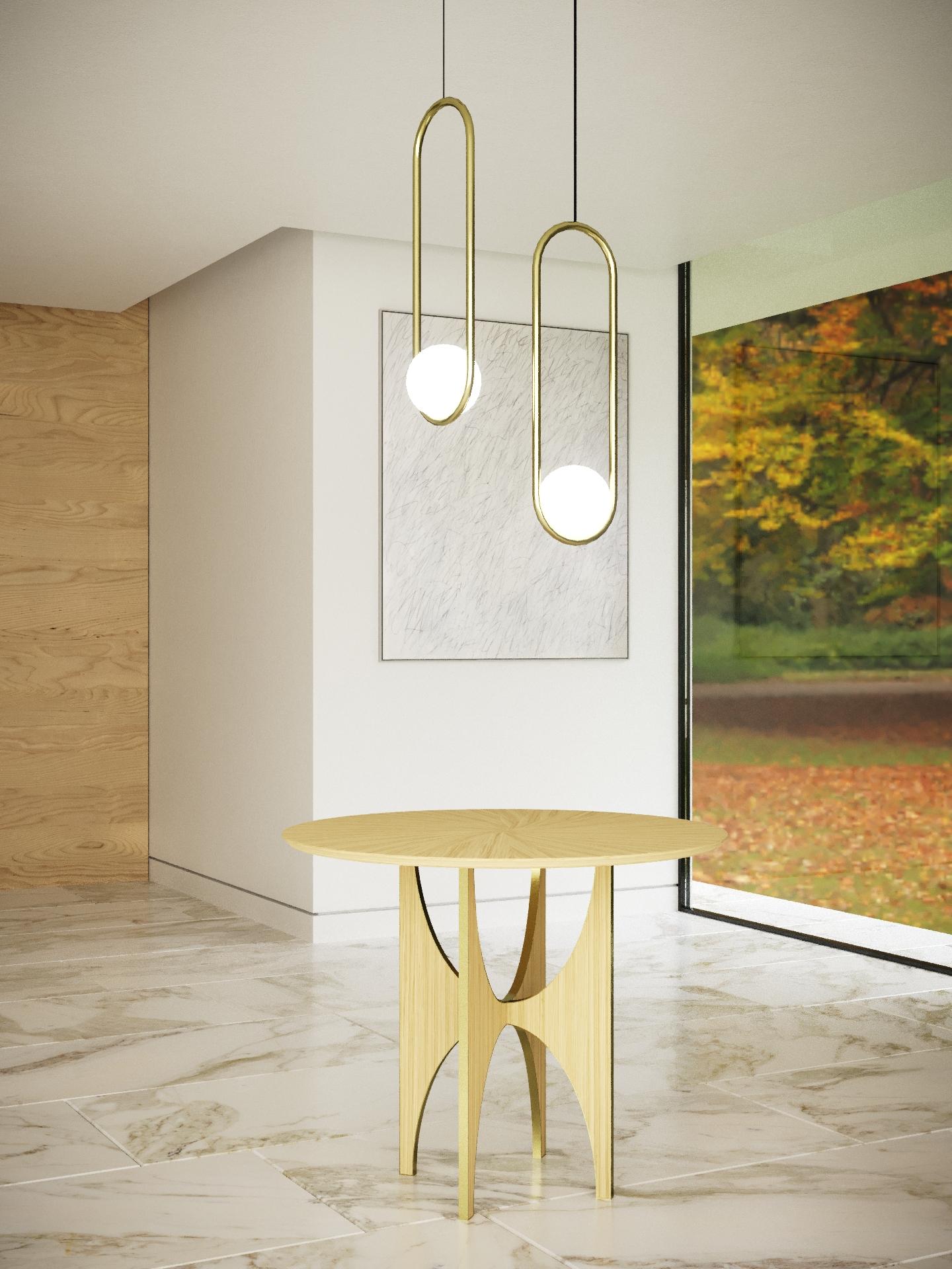 Moderne Table d'appoint ronde géométrique Chêne blanc Bois Laiton Métal Acier inoxydable en vente