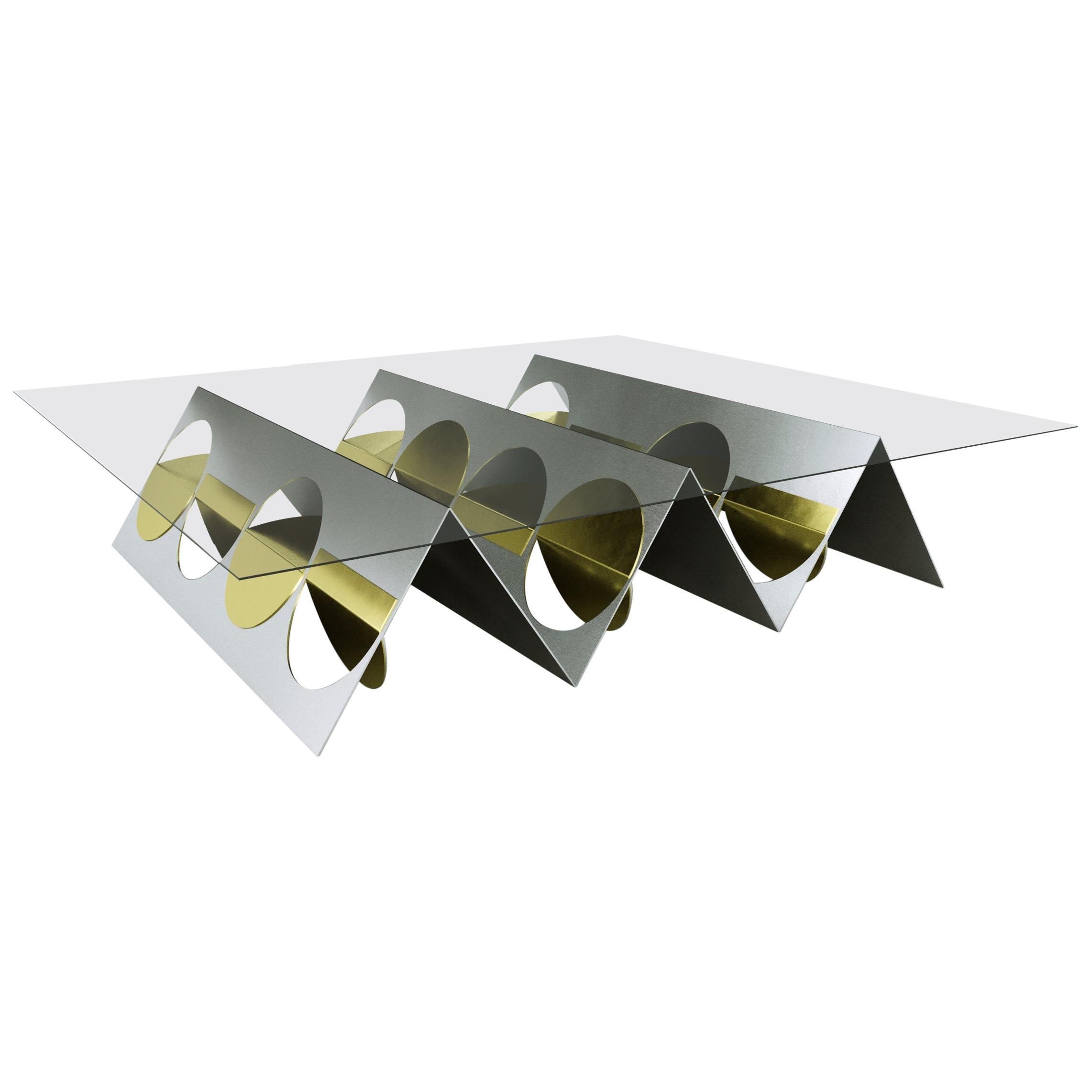 Geometrischer Couchtisch aus Edelstahl und Metall und Messing von Ana Volante