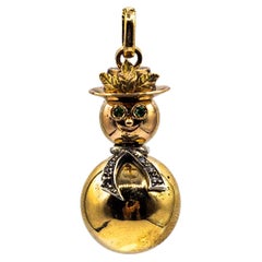 Modern Handcrafted White Diamond Emerald Yellow Gold "Snowman" Pendant Necklace
