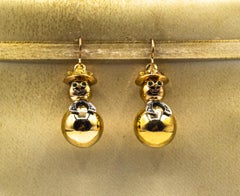 Modern Handcrafted White Diamond Emerald Yellow Gold "Snowman" Stud Earrings