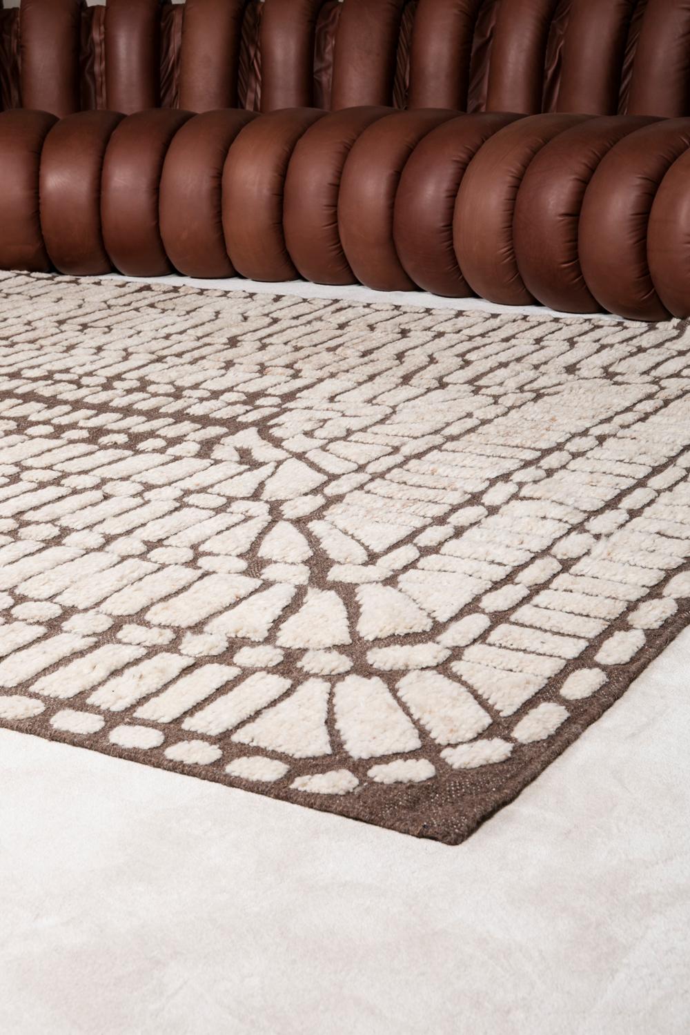 Modern Handknotted 100% Merino Wool Rug High Pile & Flatweave White&Brown Asante In New Condition For Sale In Madrid, ES