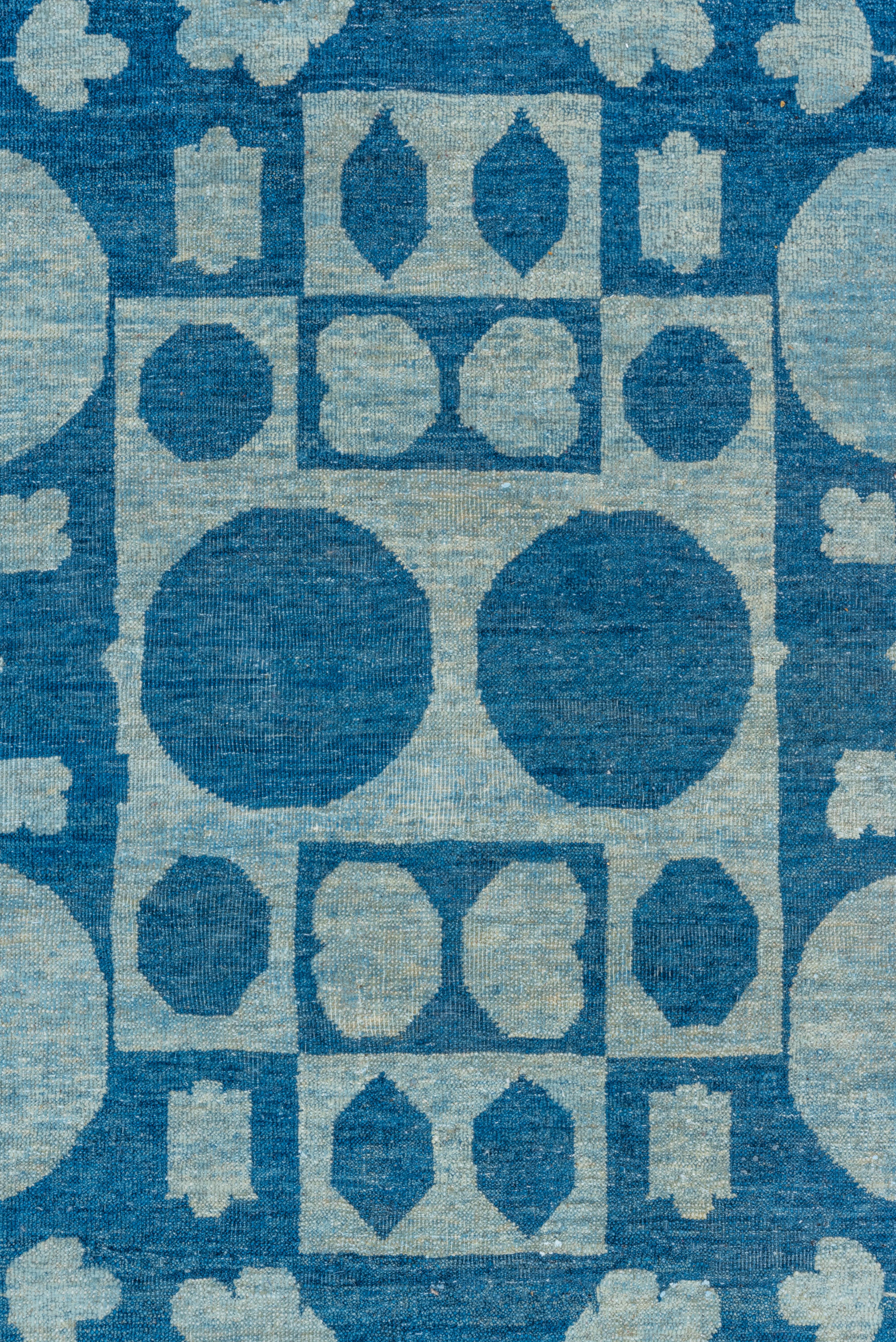 Wool Modern Handknotted Indian Art Deco Rug Royal & Light Blue Palette For Sale