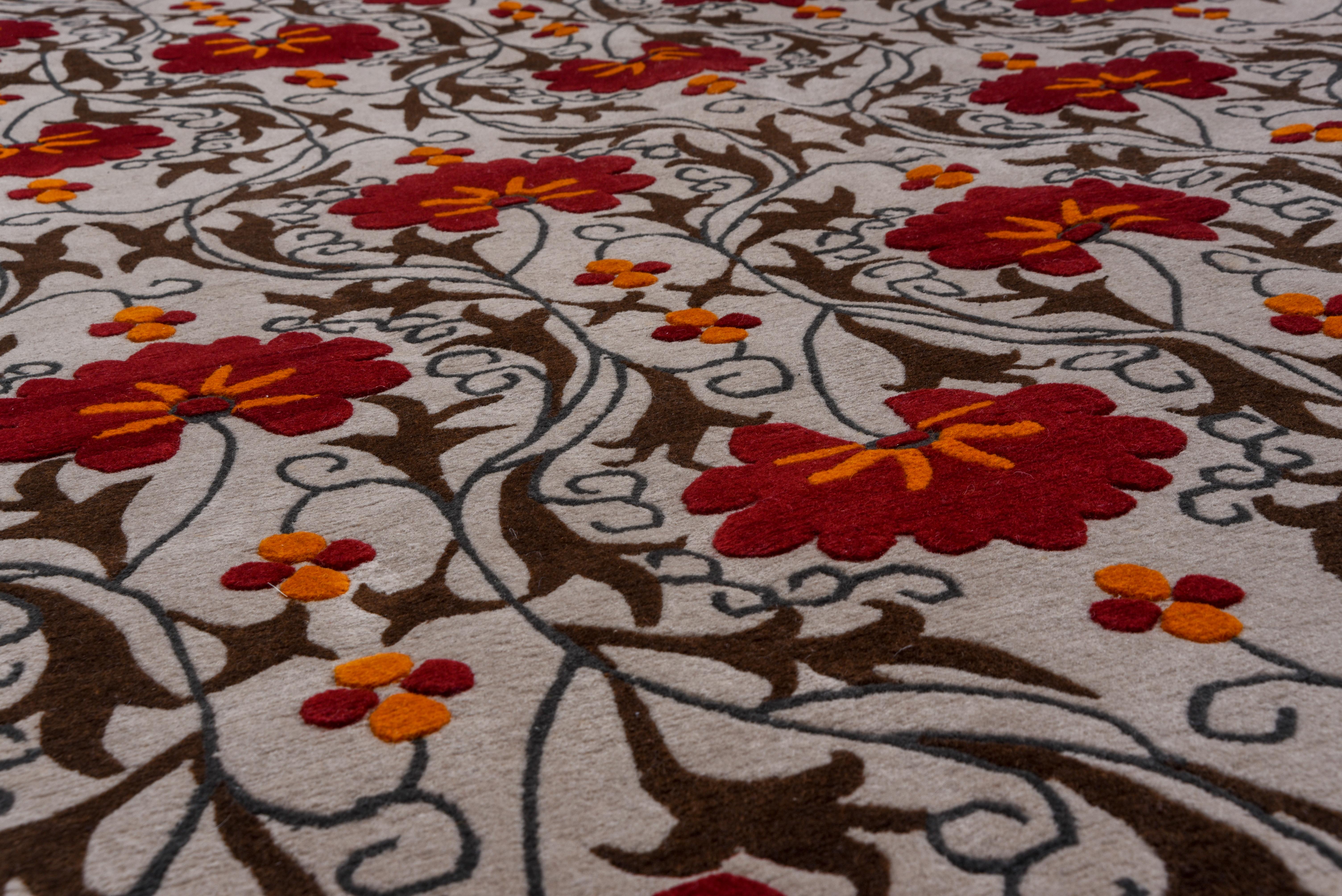 Moderner handgeknüpfter quadratischer Nepalesischer Teppich, rot, Suzani entworfen, All-Over- Field (Handgeknüpft) im Angebot