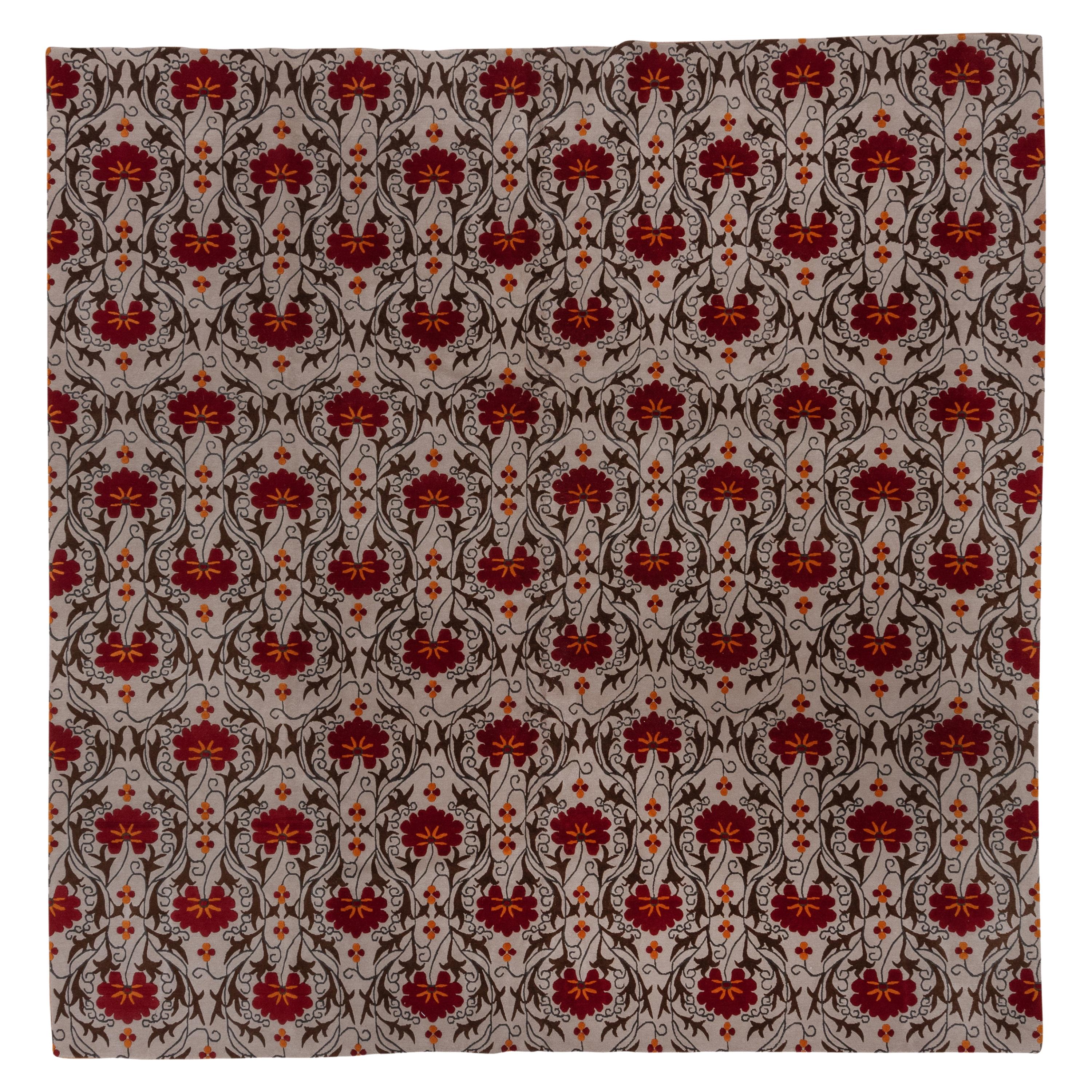 Modern Hand Knotted Nepalese Square Rug, Red Suzani Designed All-Over Field
