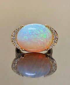 Modern Handmade 18K Yellow Gold 10.90 Carat Oval Australian Opal Diamond Ring