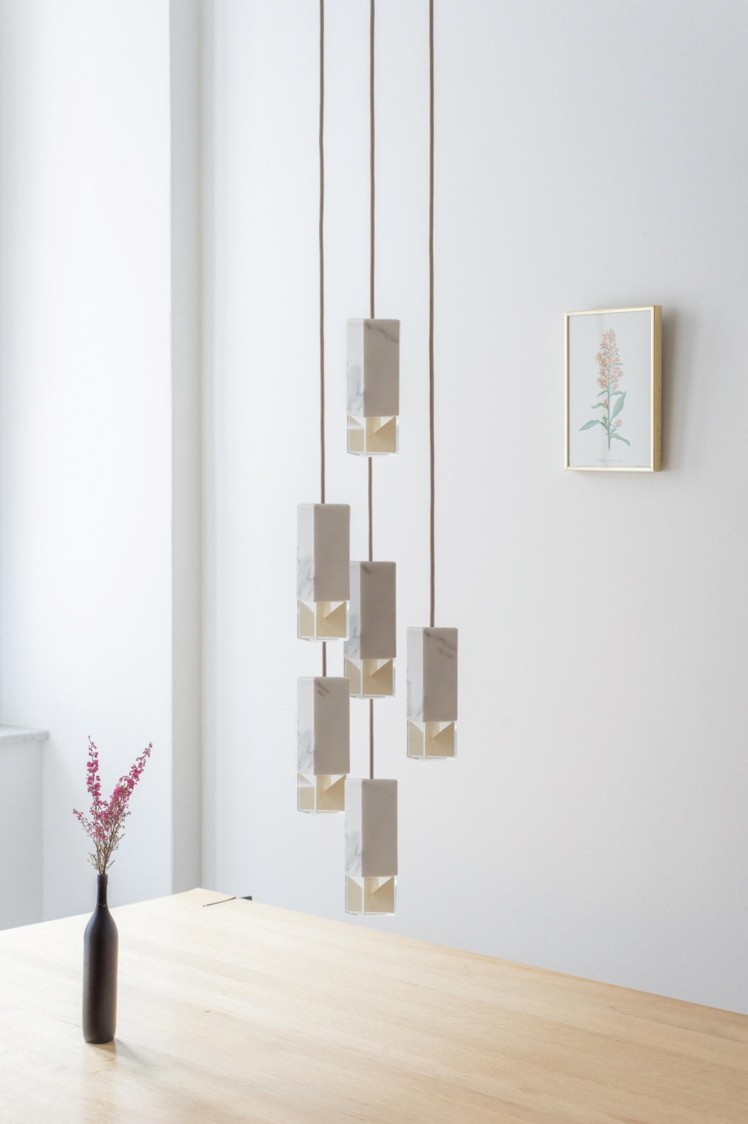 Italian Suspension Lamp 6 Light Chandelier Calacatta Marble Handmade by Formaminima For Sale