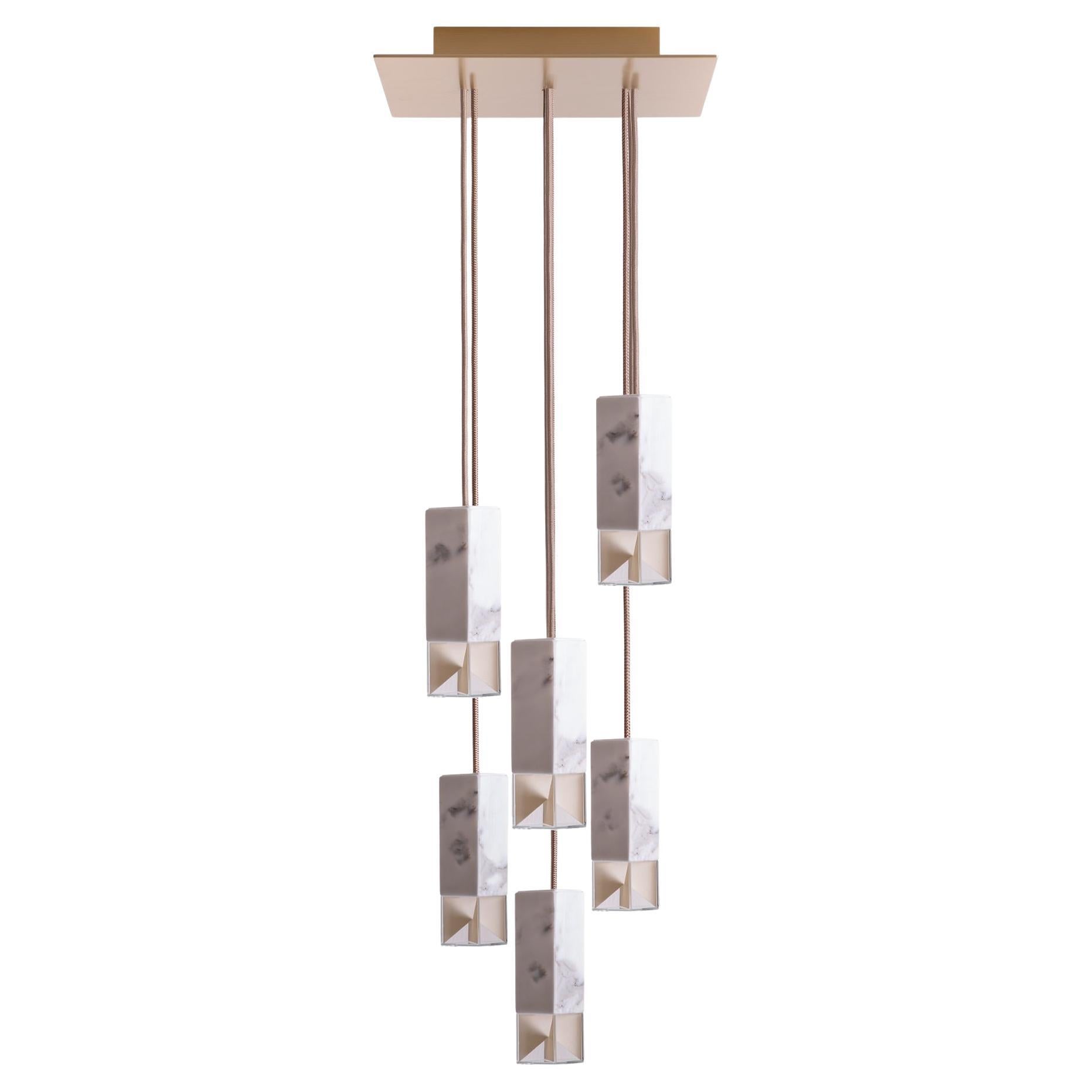 Suspension Lamp 6 Light Chandelier Calacatta Marble Handmade by Formaminima For Sale