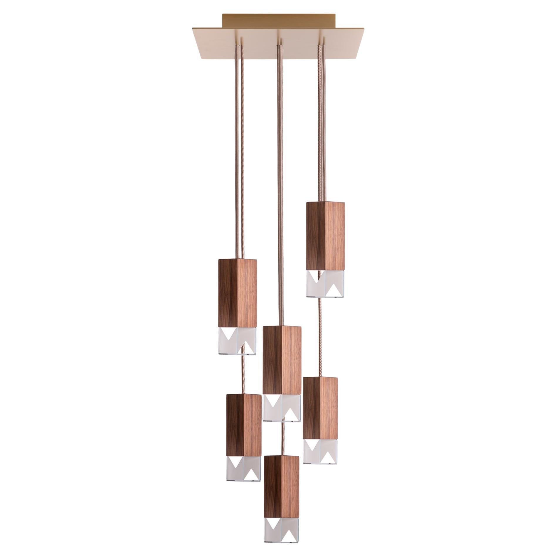 Suspension Lamp 6 Light Chandelier Walnut Wood Handmade by Formaminima For Sale