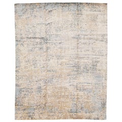 Moderner handgefertigter abstrakter Teppich aus Wolle und Seide in Grau und Beige
