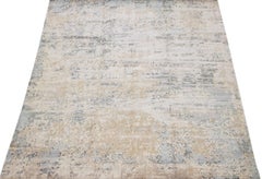 Modern Handmade Abstract Wool and Silk Rug in Gray and Beige