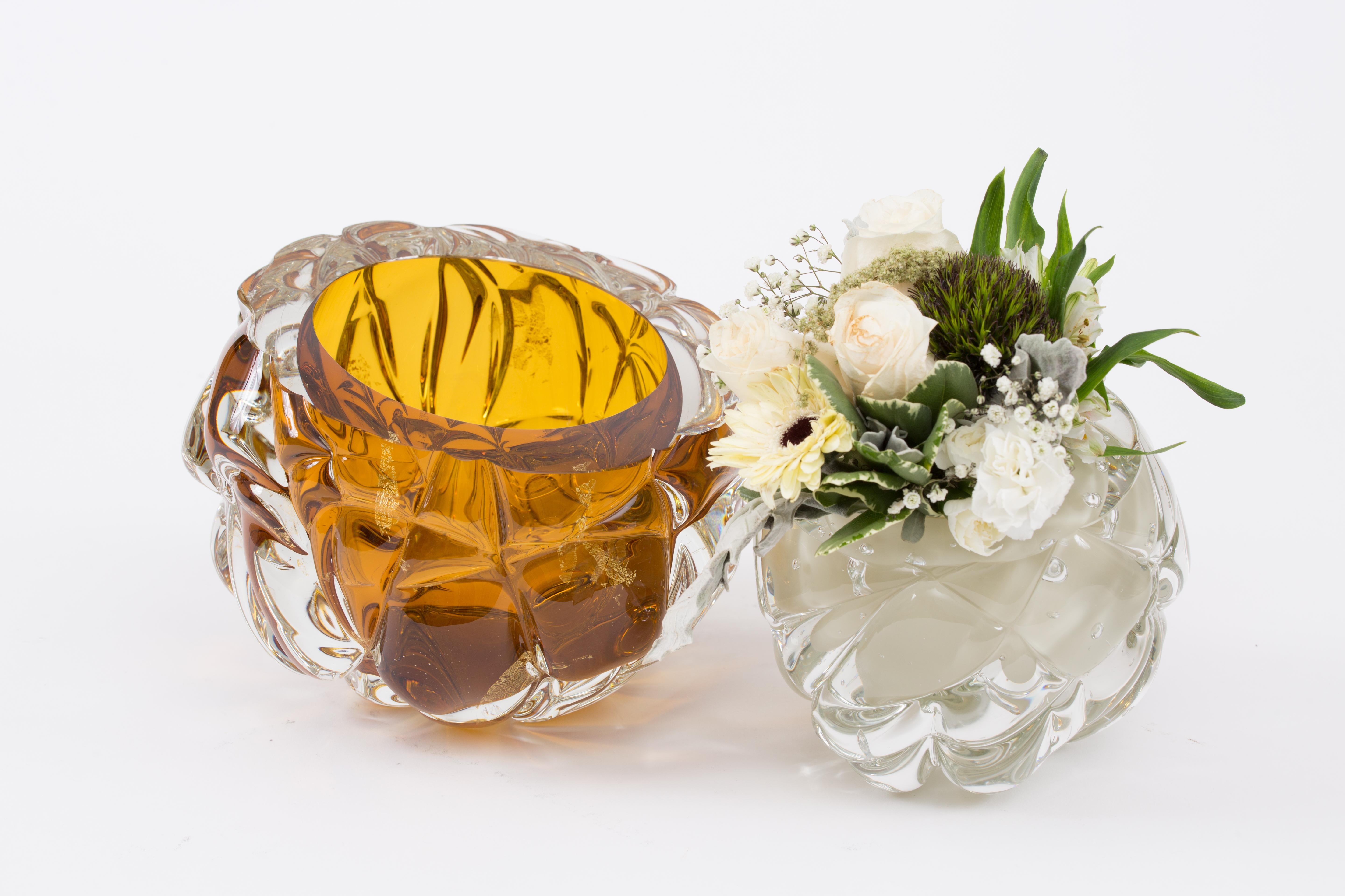 American Modern Handmade Amber Glass and Gold Leaf 'Cut' Vase Made in Brooklyn For Sale