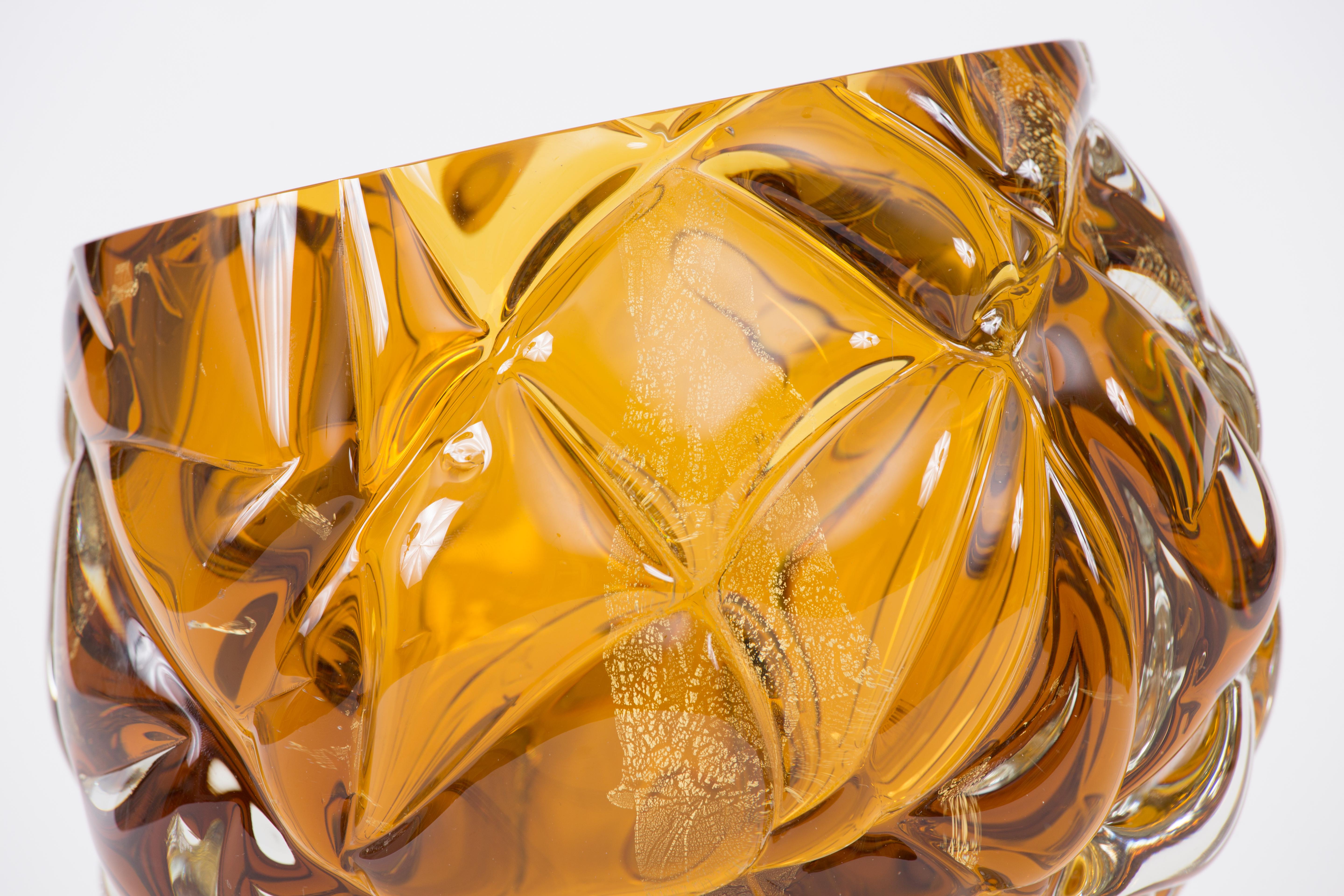 Modern Handmade Amber Glass and Gold Leaf 'Cut' Vase Made in Brooklyn In New Condition For Sale In NEW YORK, NY