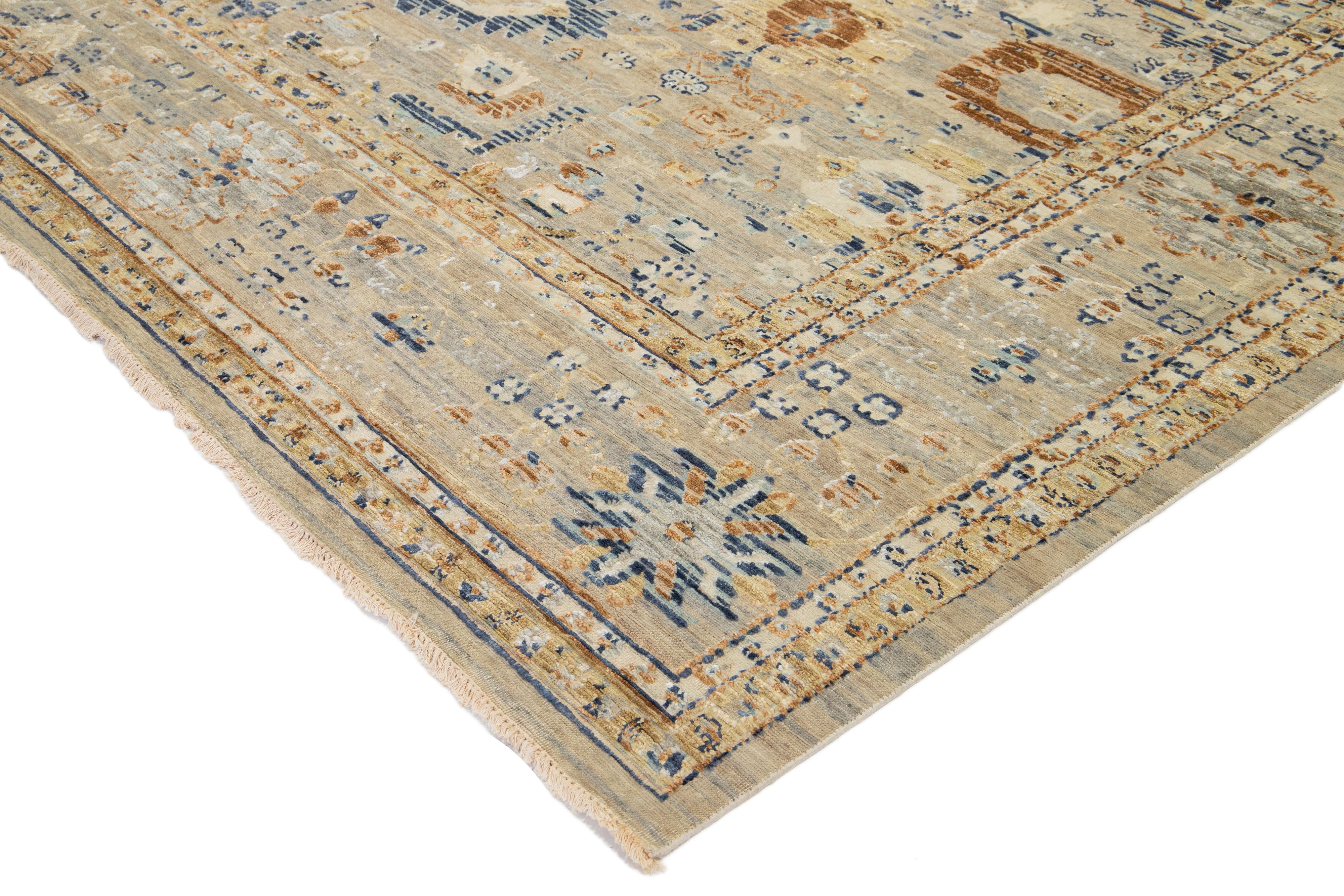 Modern Handmade Apadana's Artisan Collection Indian Wool & Silk Rug In Beige For Sale 6