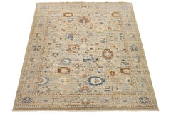 Modern Handmade Apadana's Artisan Collection Indian Wool & Silk Rug In Beige