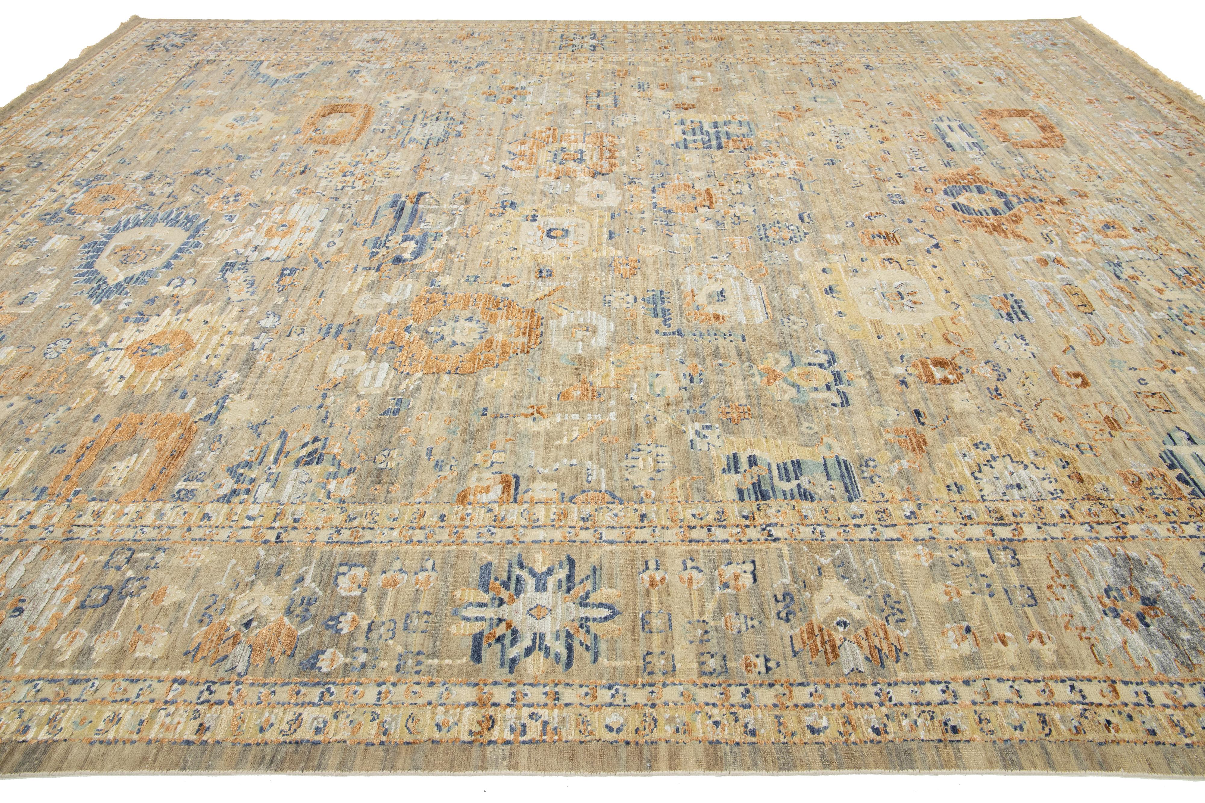 Modern Handmade Apadana's Artisan Collection Indian Wool & Silk Rug In Beige For Sale 2
