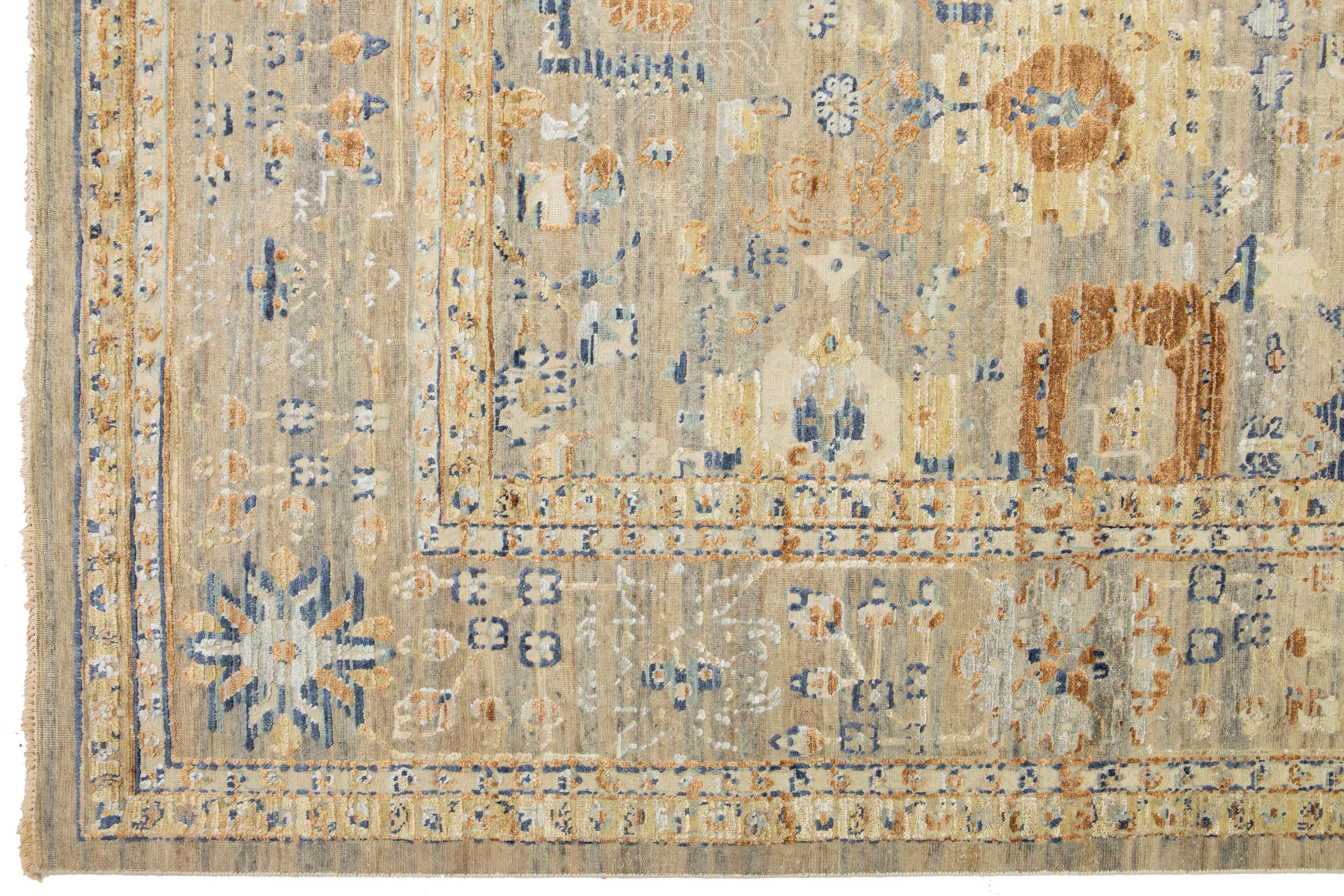 Modern Handmade Apadana's Artisan Collection Indian Wool & Silk Rug In Beige For Sale 3
