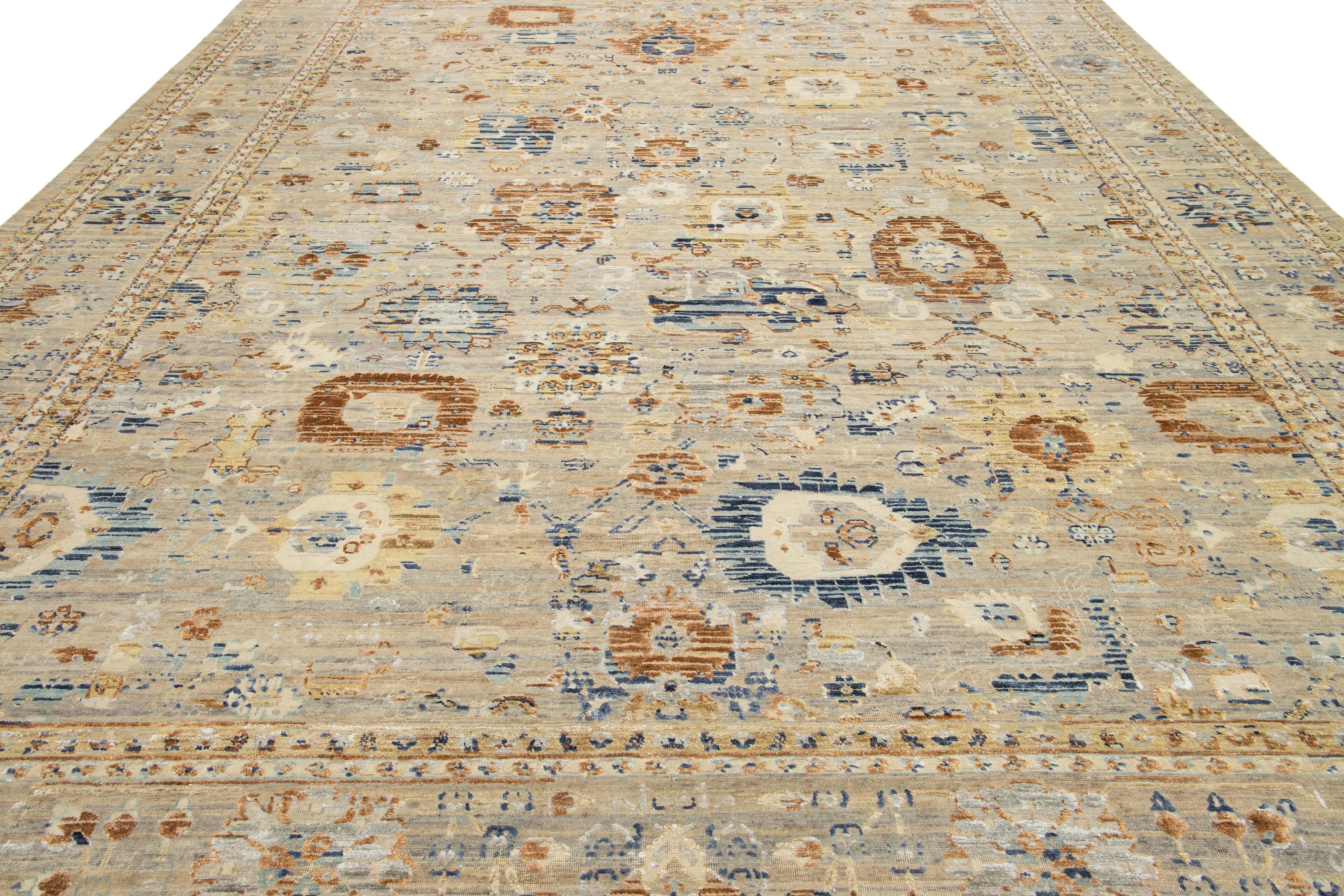 Modern Handmade Apadana's Artisan Collection Indian Wool & Silk Rug In Beige For Sale 4