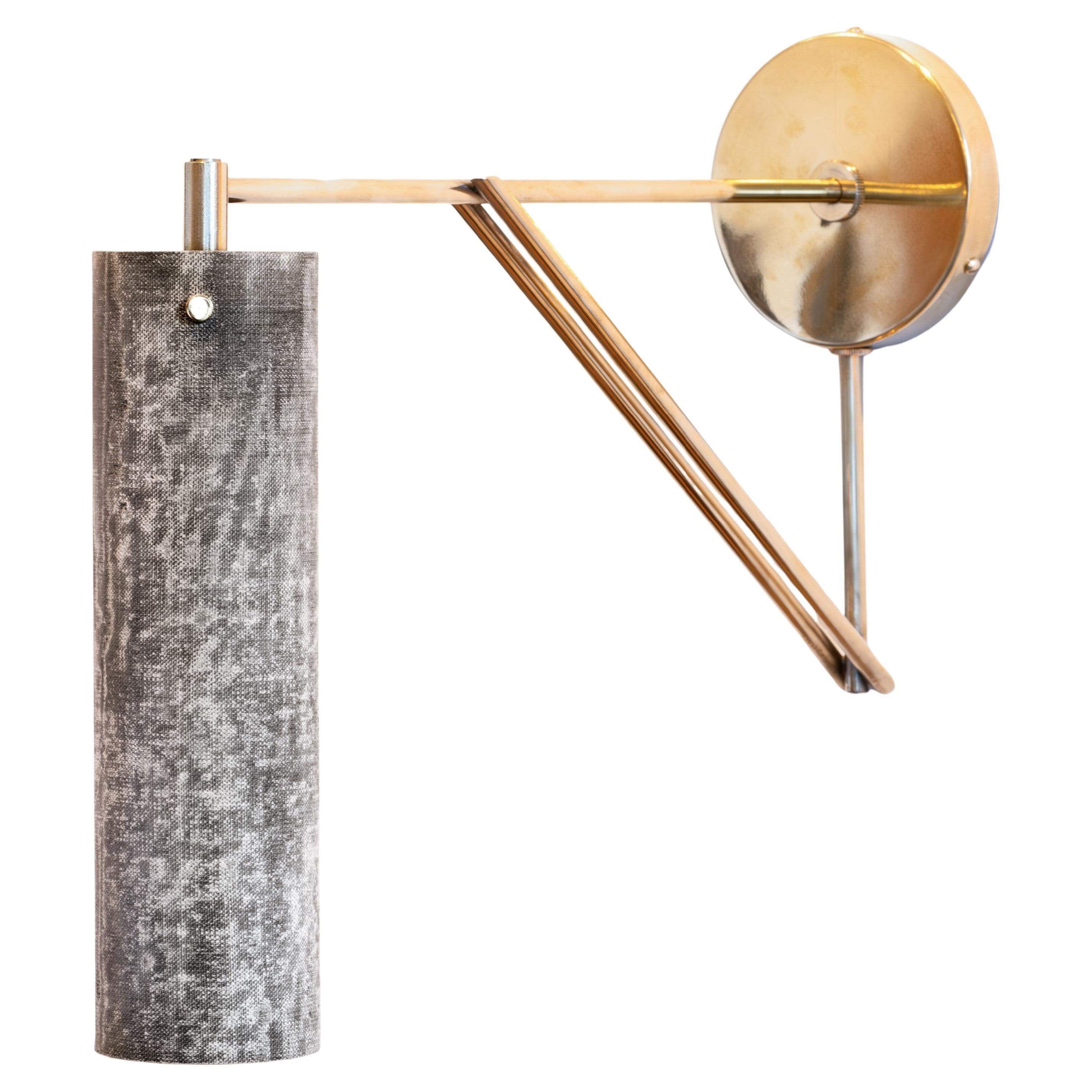 Modern Handmade Armed Sconce Linen Micarta, Polished Brass by Mutuus Studio