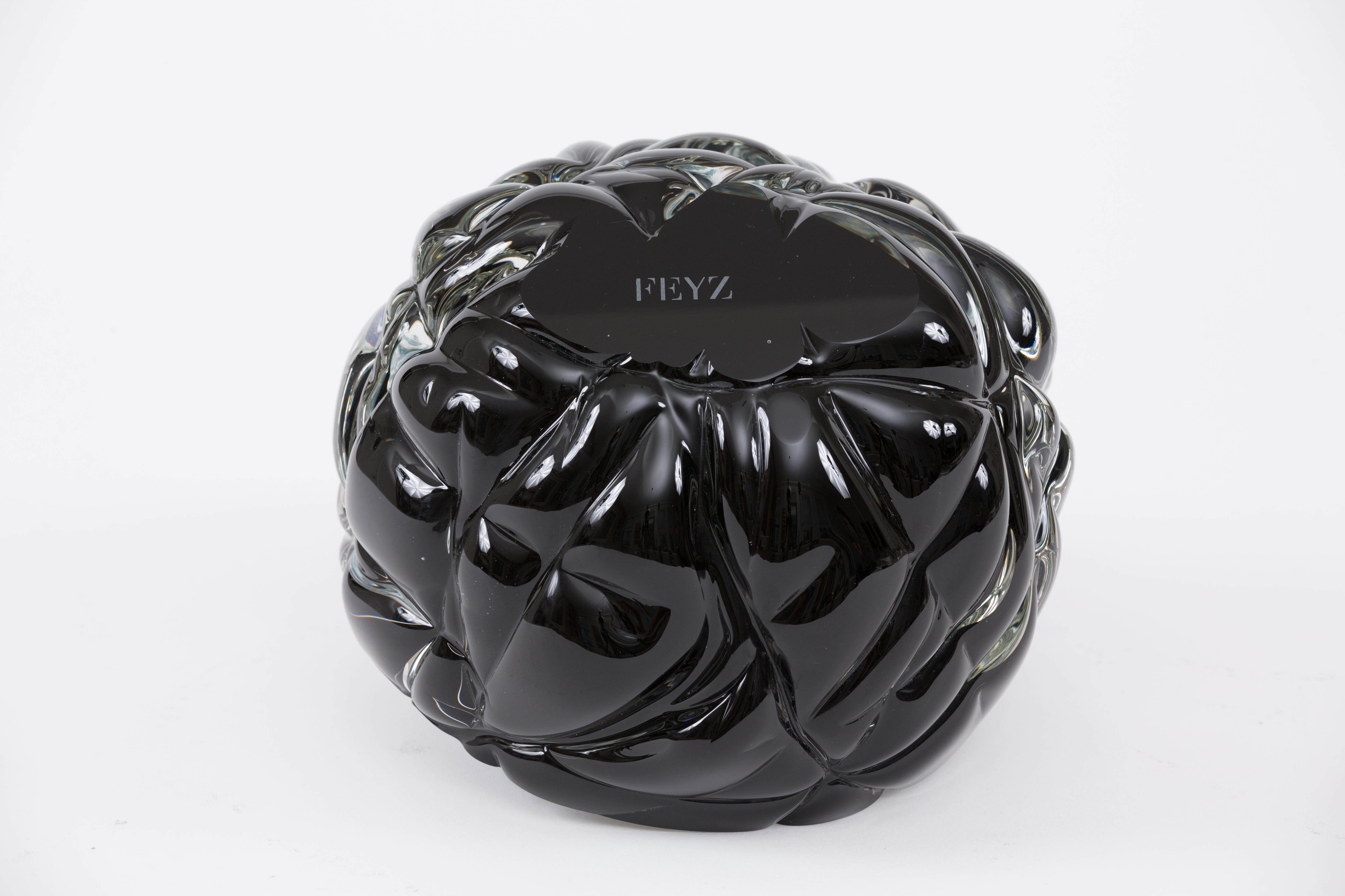 Carved Modern Handmade Black Glass 'Cut' Vase Made in Brooklyn For Sale
