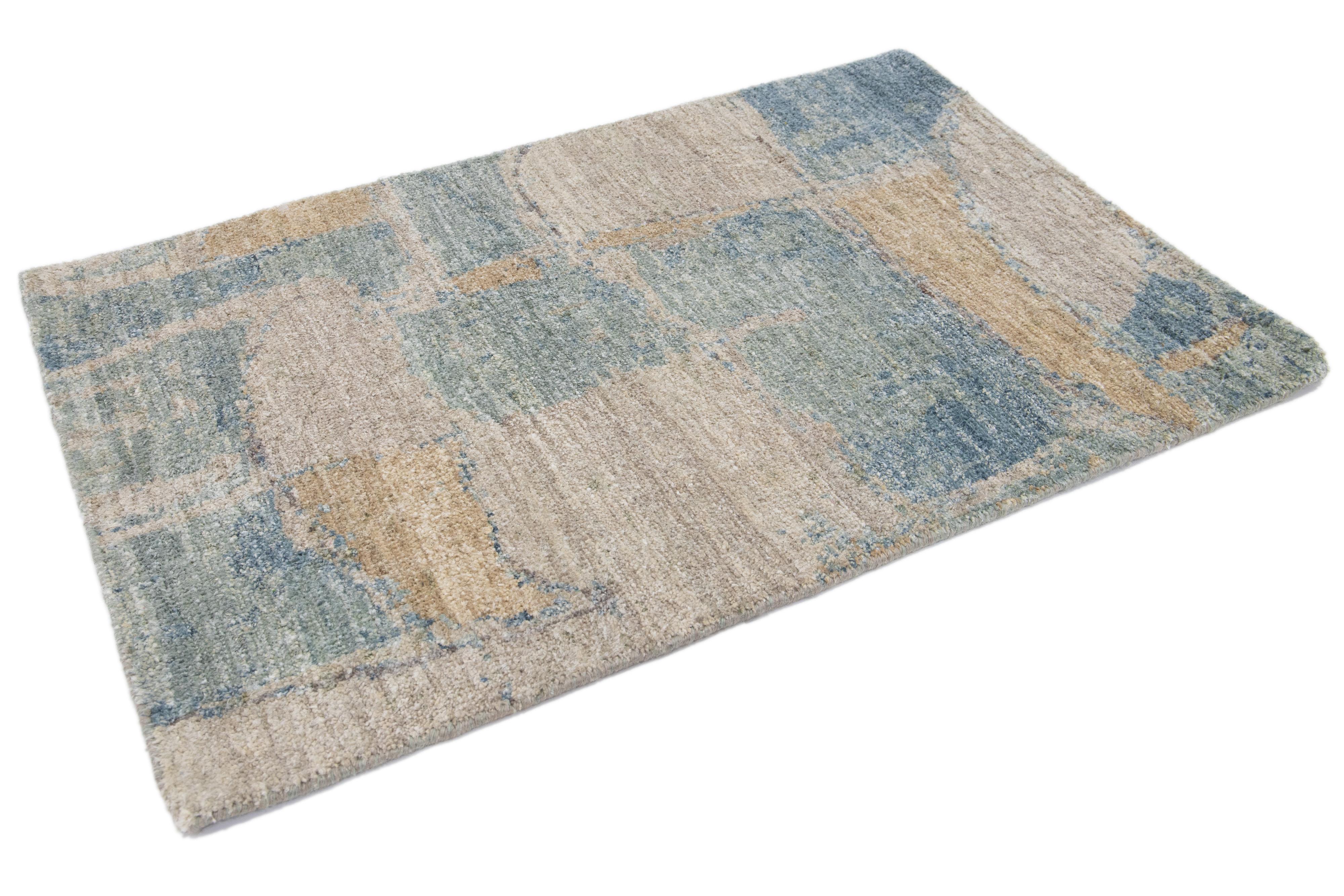 Hand-Knotted Modern Handmade Blue/Brown Abstract Wool & Silk Custom Rug For Sale