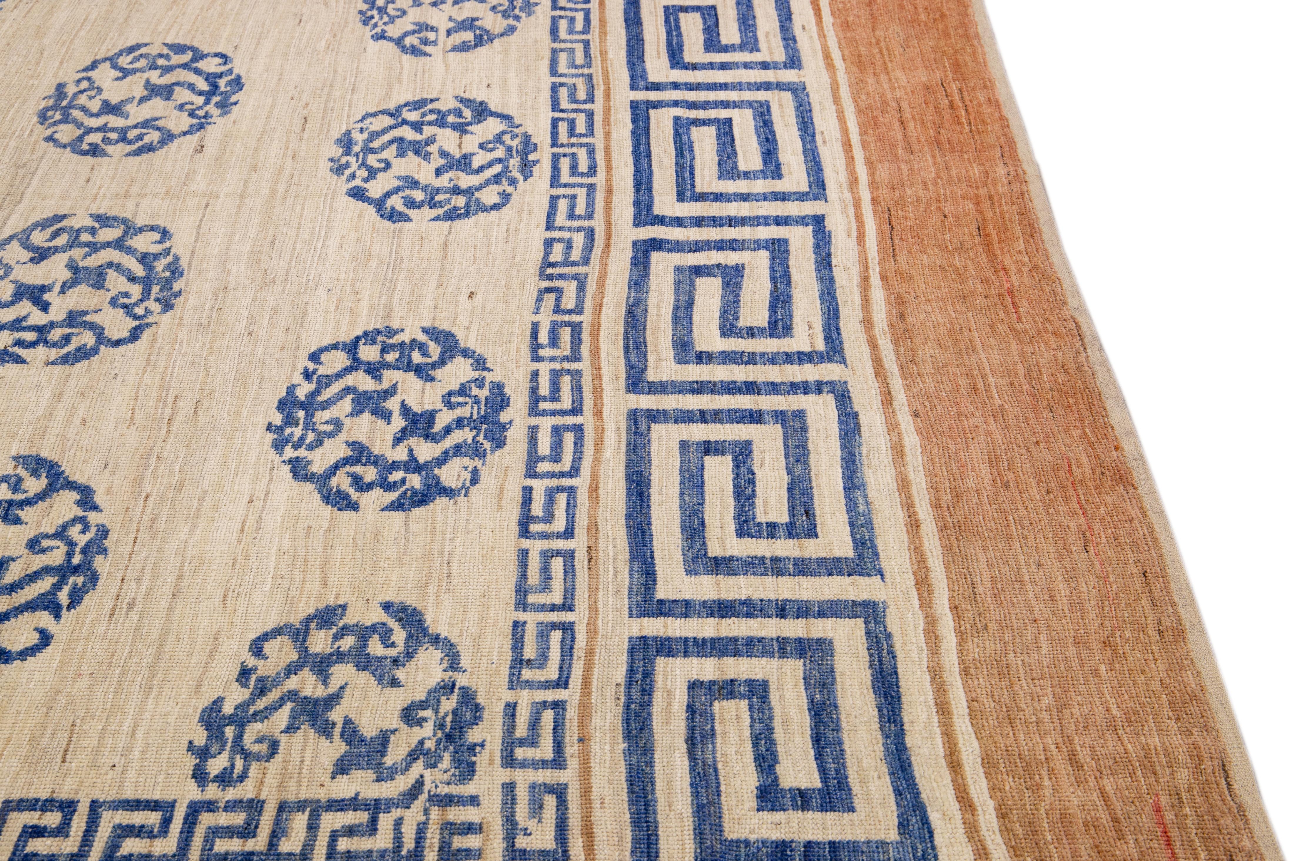 Afghan Modern Handmade Blue Greek Key Pattern Beige Oversize Wool Rug For Sale