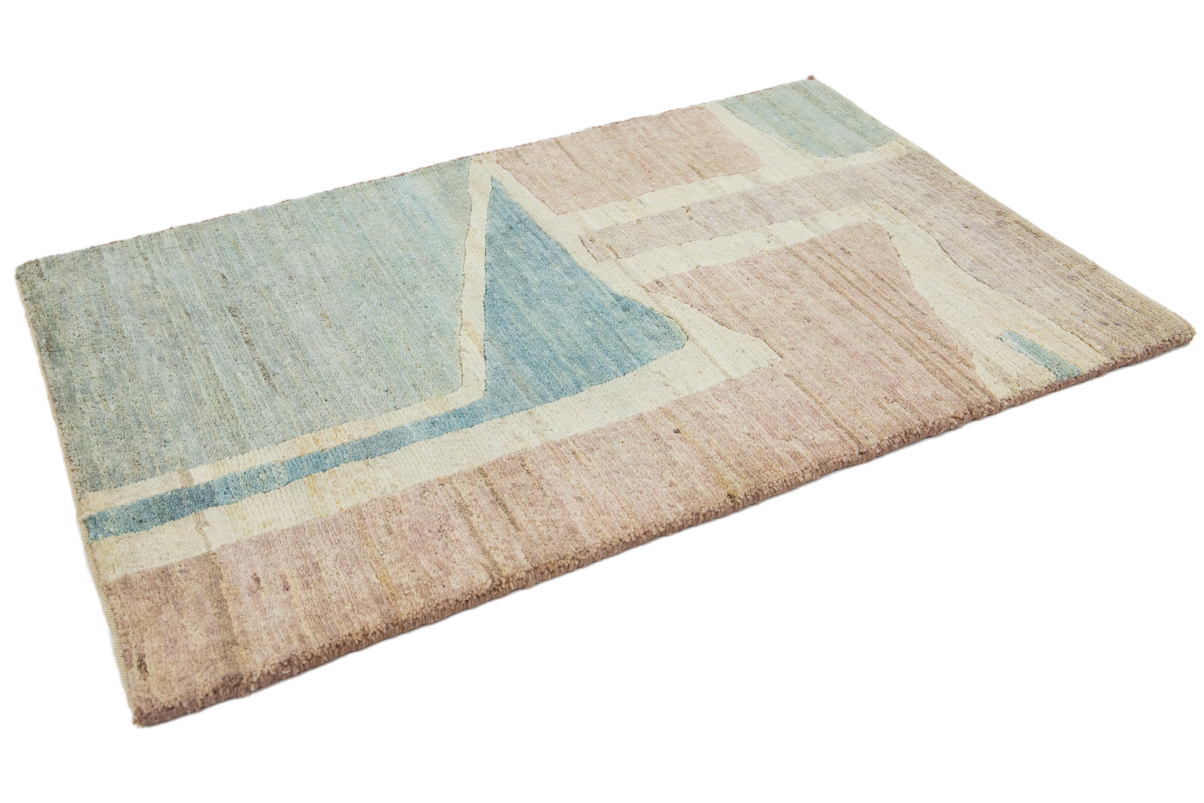 Indian Modern Handmade Blue & Peach Abstract Custom Wool Rug For Sale