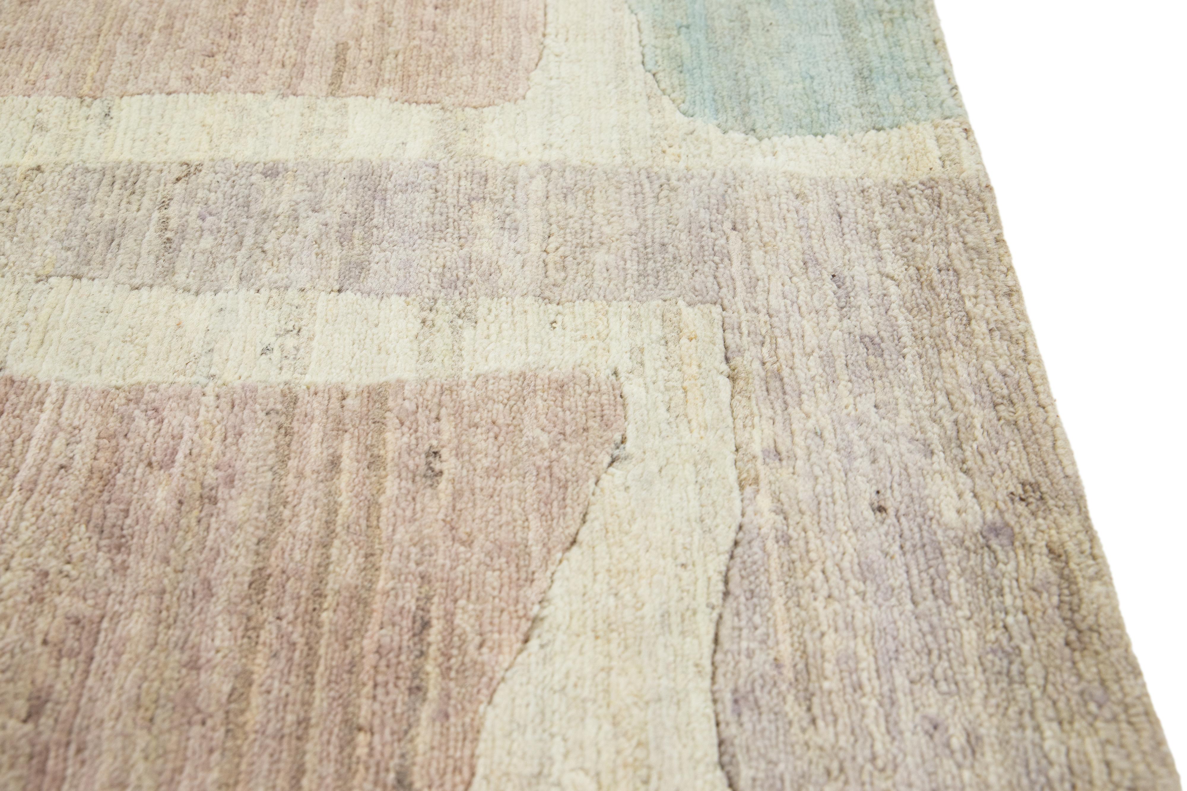 Hand-Knotted Modern Handmade Blue & Peach Abstract Custom Wool Rug For Sale