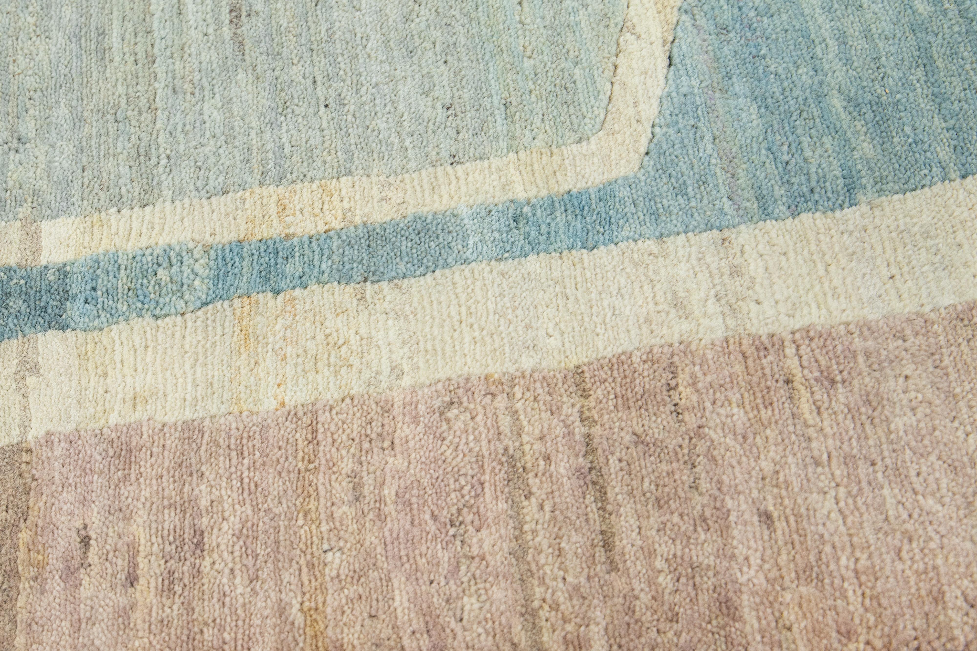 Modern Handmade Blue & Peach Abstract Custom Wool Rug In New Condition For Sale In Norwalk, CT