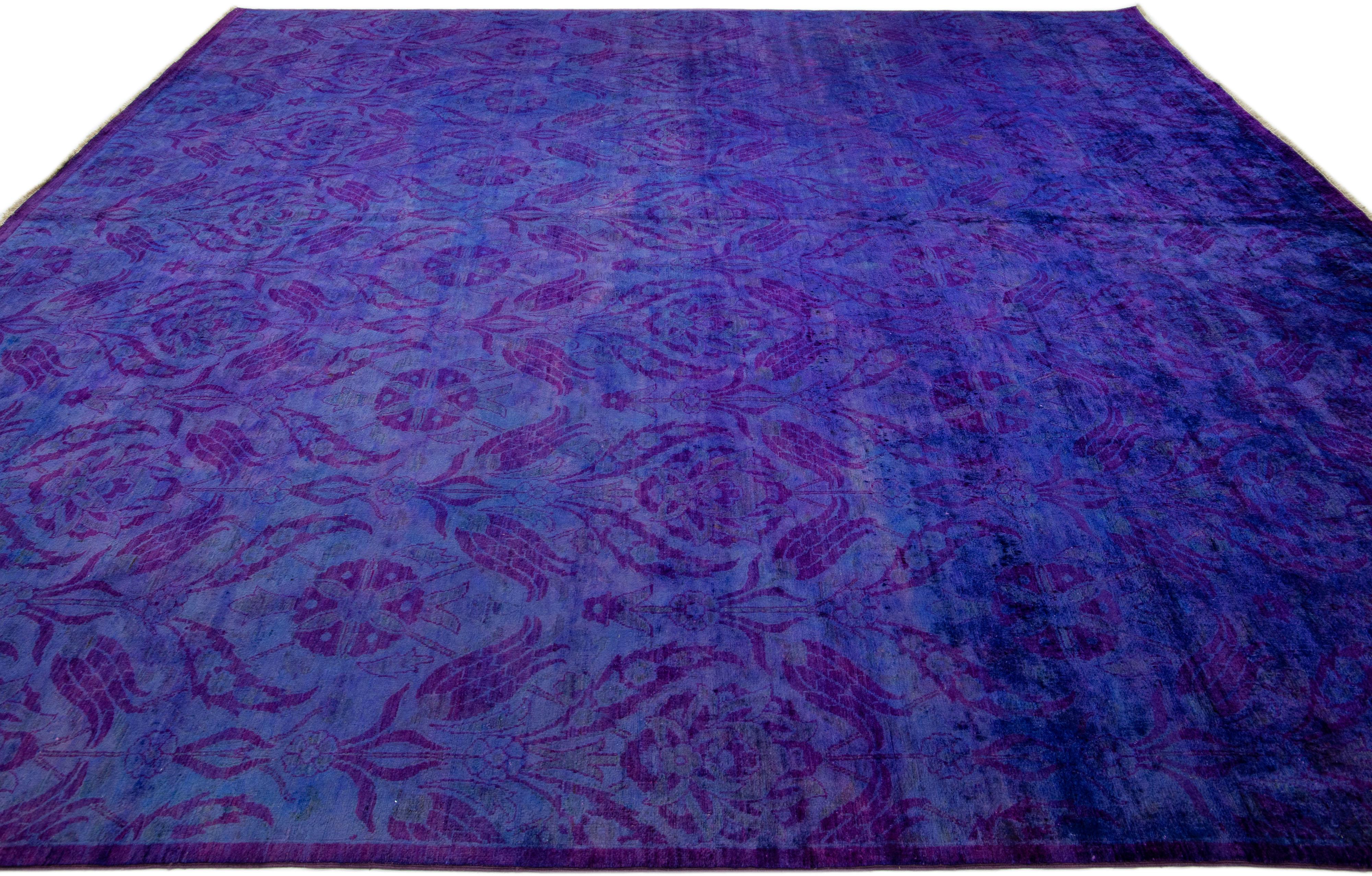 Hand-Knotted Modern Handmade Blue & Purple Square Wool Rug with Floral Pattern For Sale