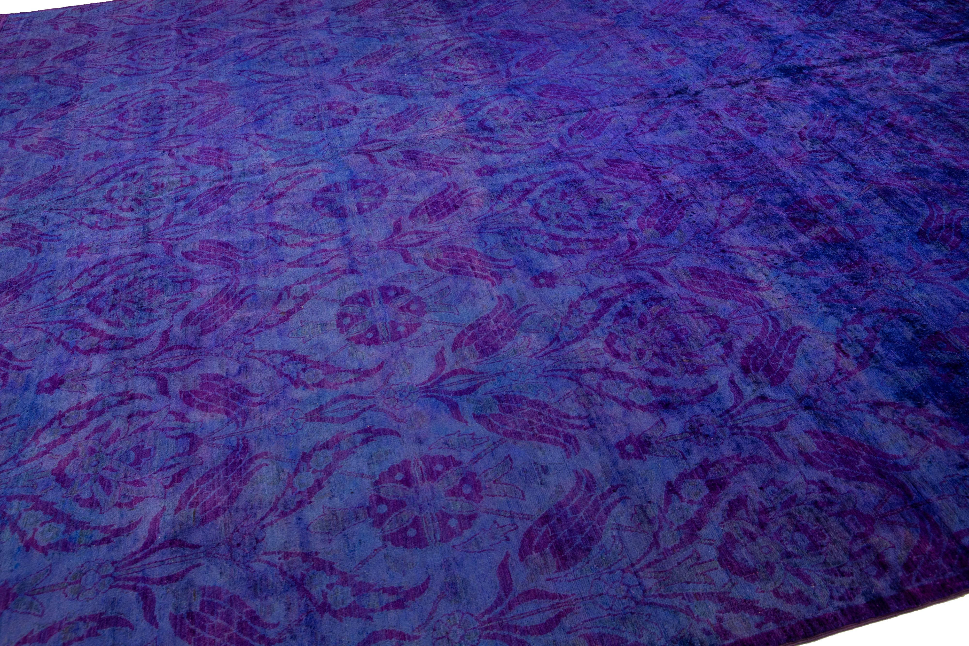 Modern Handmade Blue & Purple Square Wool Rug with Floral Pattern In New Condition For Sale In Norwalk, CT