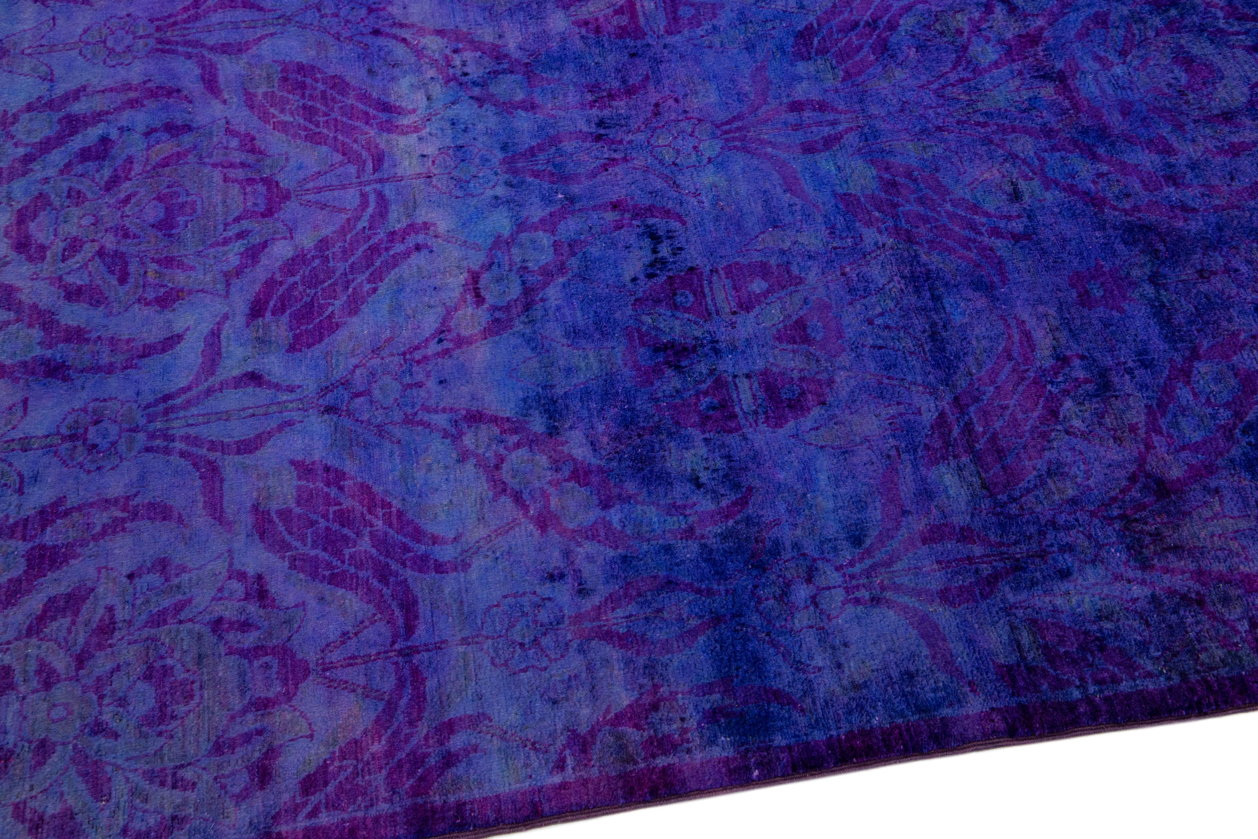 Contemporary Modern Handmade Blue & Purple Square Wool Rug with Floral Pattern For Sale