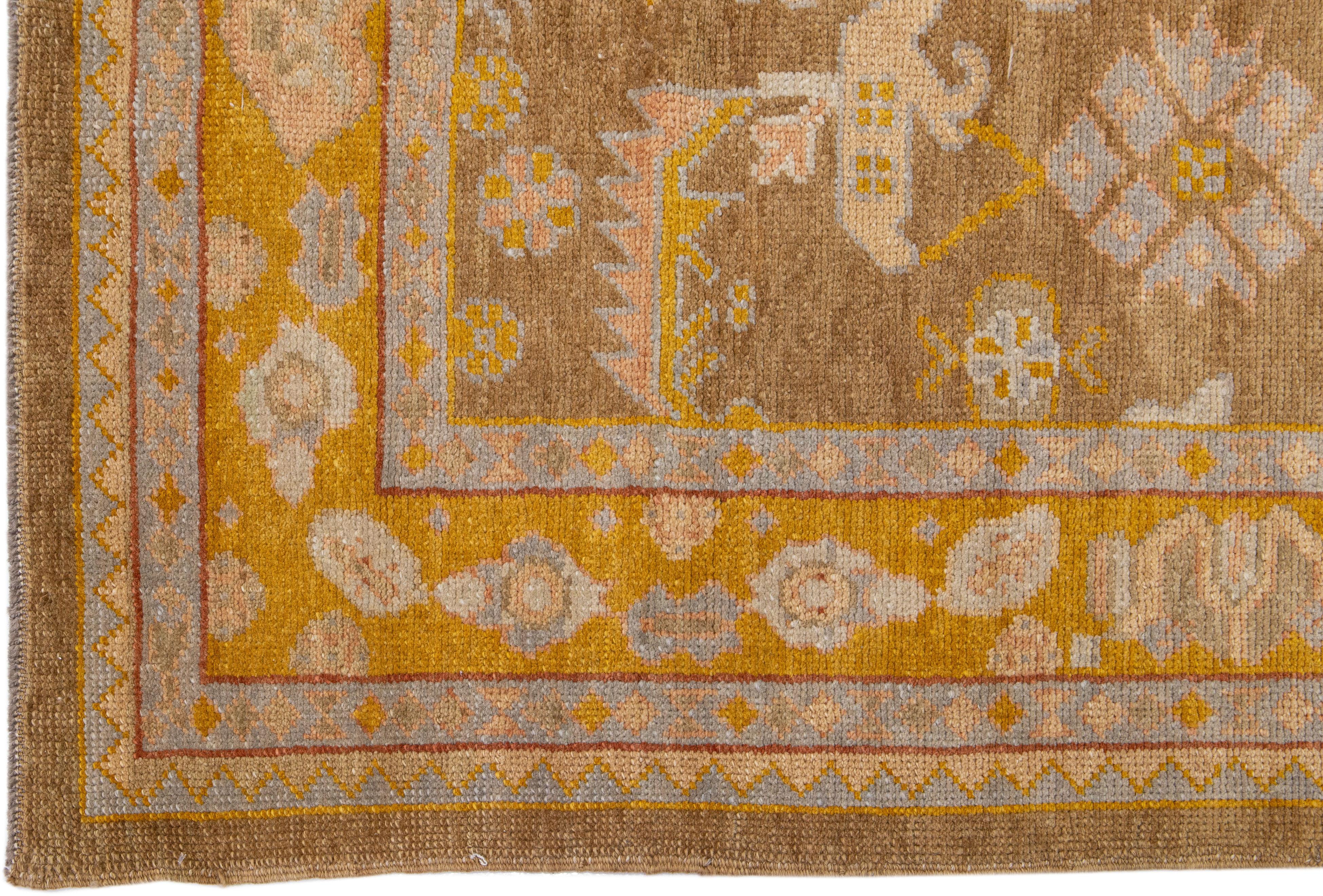 Contemporary Modern Handmade Brown Turkish Oushak Wool Rug with Floral Design For Sale