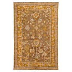 Modern Handmade Brown Turkish Oushak Wool Rug with Floral Design