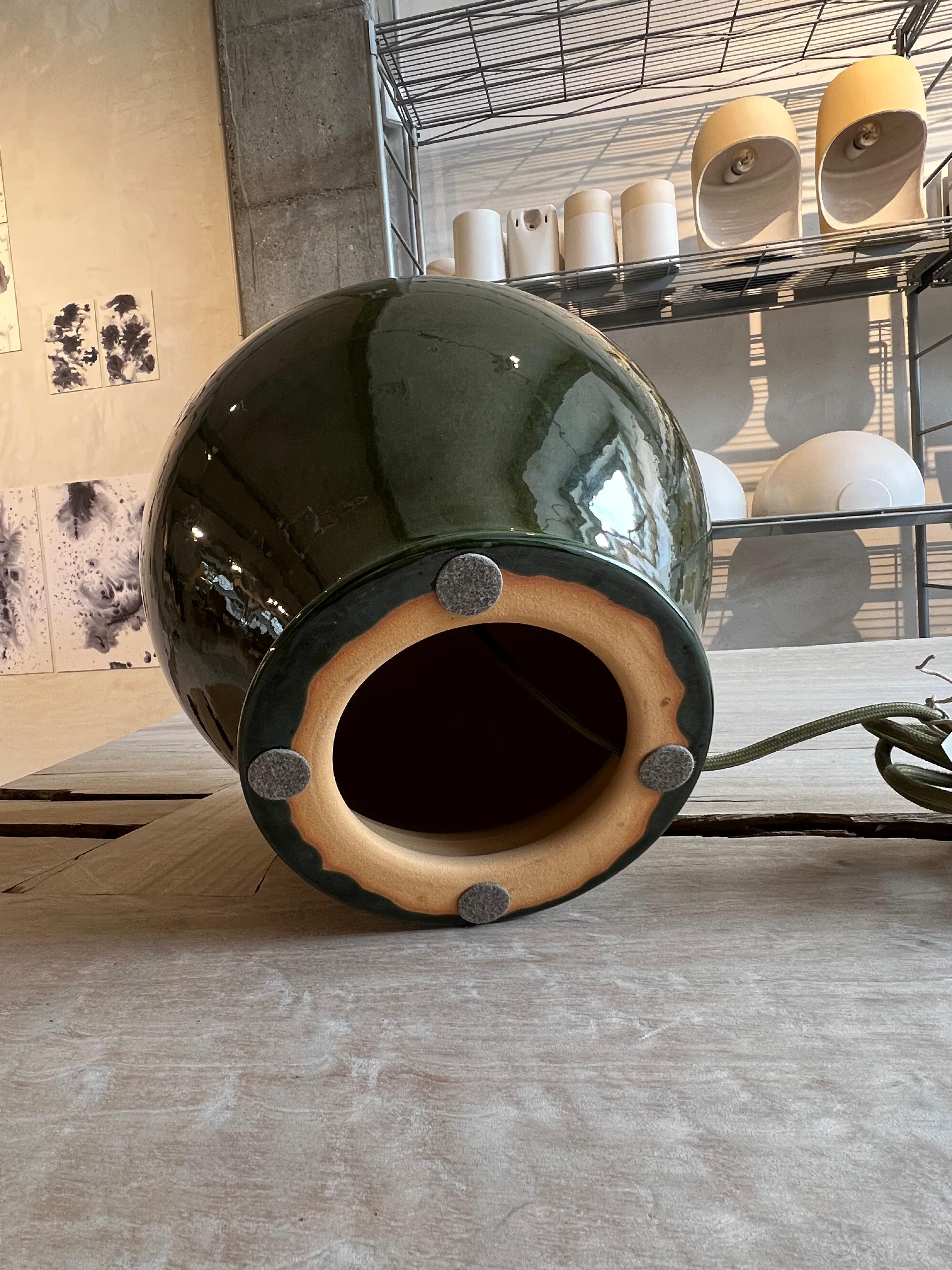 Modern Handmade Ceramic Table Side Lamp and Brass, Olive Green with Signature For Sale 3